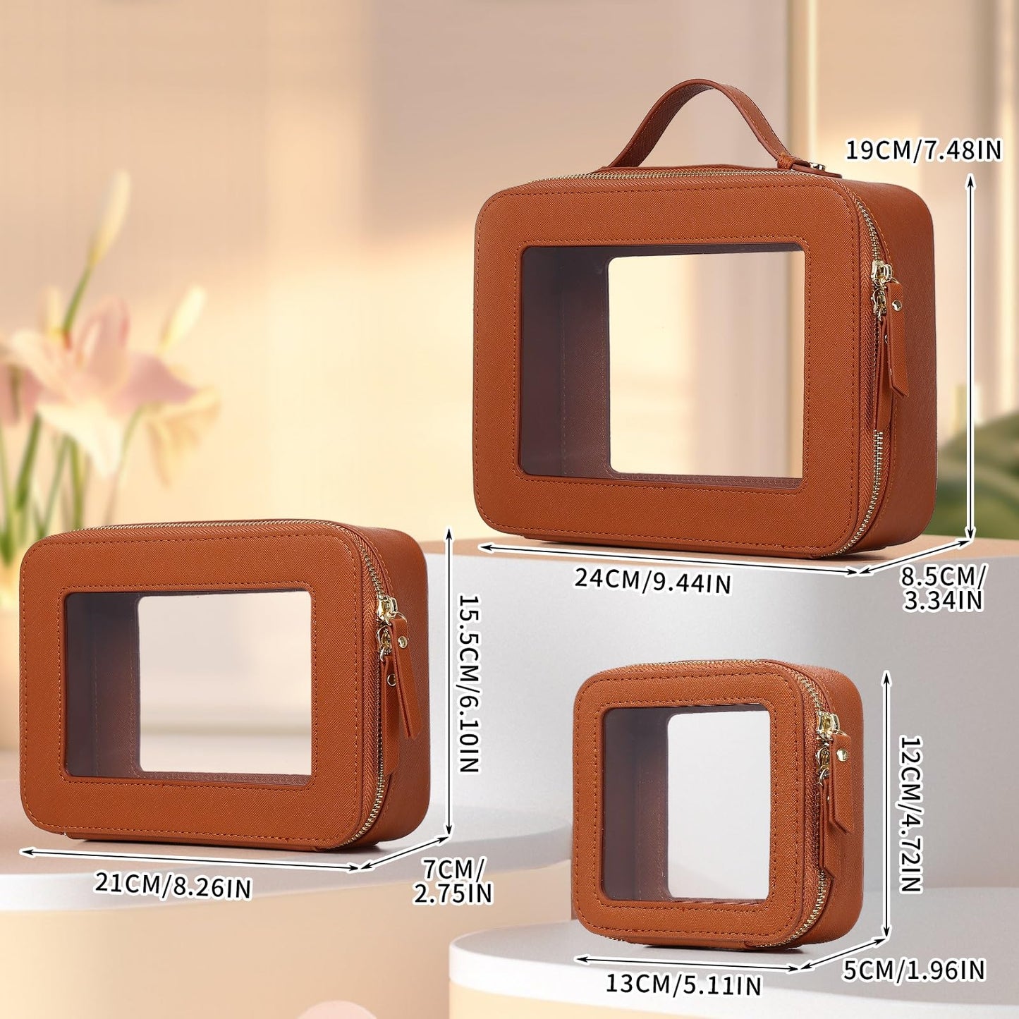 LOFOWN - Bolsa de maquillaje transparente con cierre para mujer, impermeable, bolsa de cosméticos de viaje y neceser, organizador de maquillaje portátil, artículos esenciales para el coche, Marrón, L+