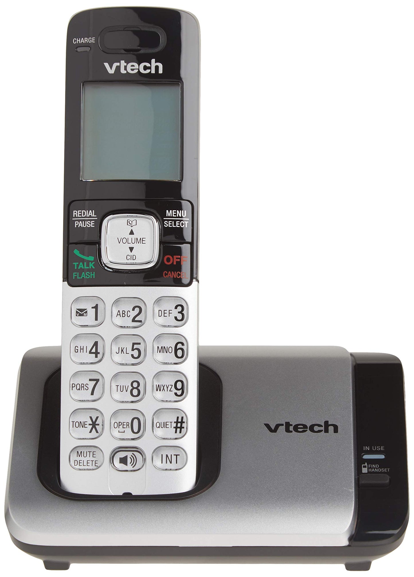 Teléfono Vtech DECT 6.0 con base para identificación de llamadas y llamada en espera, Plateado/Negro