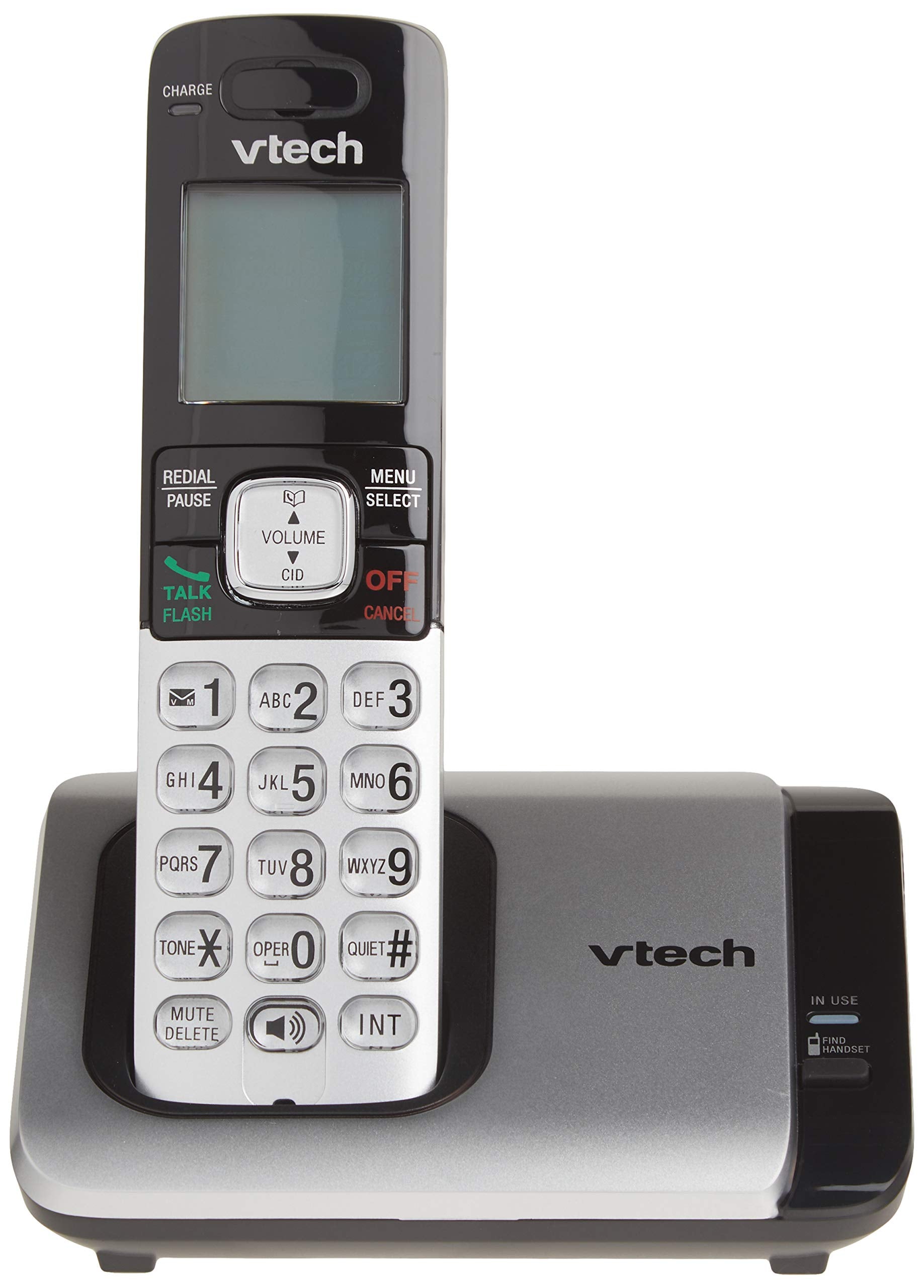 Teléfono Vtech DECT 6.0 con base para identificación de llamadas y llamada en espera, Plateado/Negro