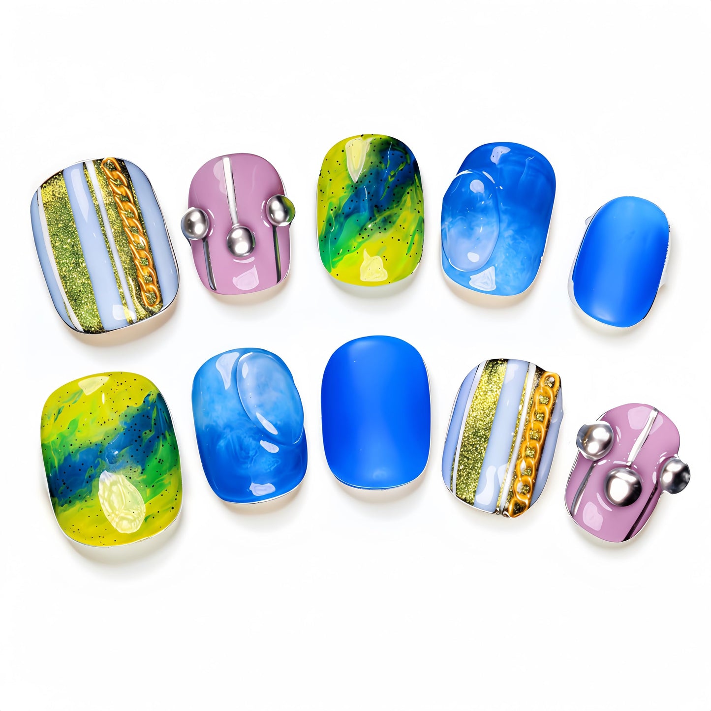 Fine Point Juego de uñas postizas hechas a mano, diseño cuadrado corto, espiral verde aura azul cobalto, detalle de tachuelas 3D, diseño artístico novedoso, bailarina estrella del pop, coqueta cósmica