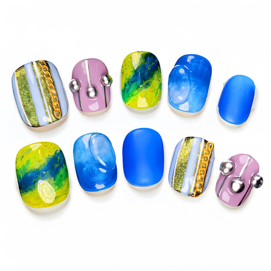 Fine Point Juego de uñas postizas hechas a mano, diseño cuadrado corto, espiral verde aura azul cobalto, detalle de tachuelas 3D, diseño artístico novedoso, bailarina estrella del pop, coqueta cósmica