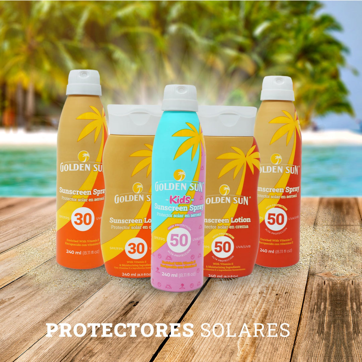 Golden Sun - Protector Solar en Aerosol Sport 50+ FPS 240 ml. Fórmula enriquecida con Vitamina E, Aloe Vera y aceites esenciales de tangerina. Resistente al agua y al sudor, protección UVA/UVB