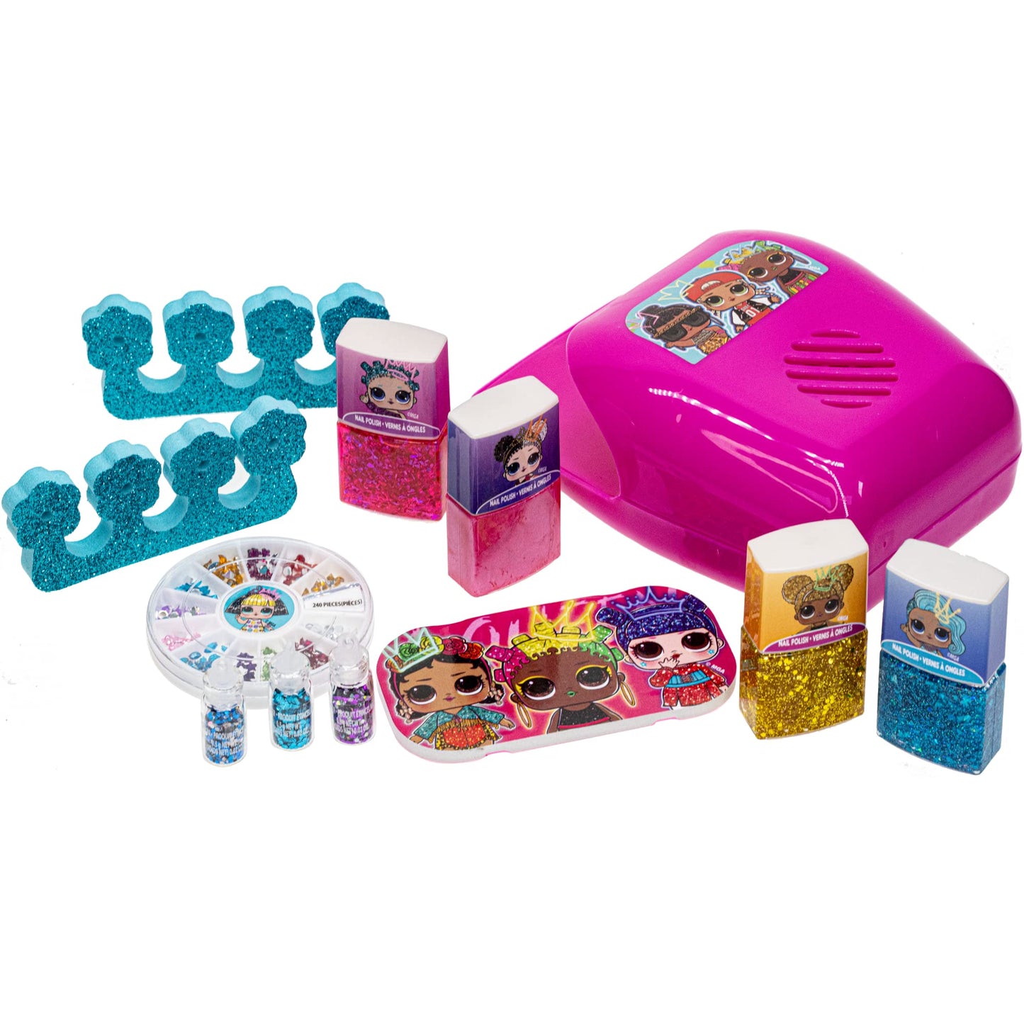 L.O.L. Surprise! Townley Girl, Non-Toxic Peel-Off Water-Based Safe Quick Dry Nail Polish Gift Kit Set for Kids Set With Nail Gem Wheel, Nail Stickers, Toe Spacers, Nail File, Glitter Vials, and Nail Dryer, Batteries Not Included, Ages 5+