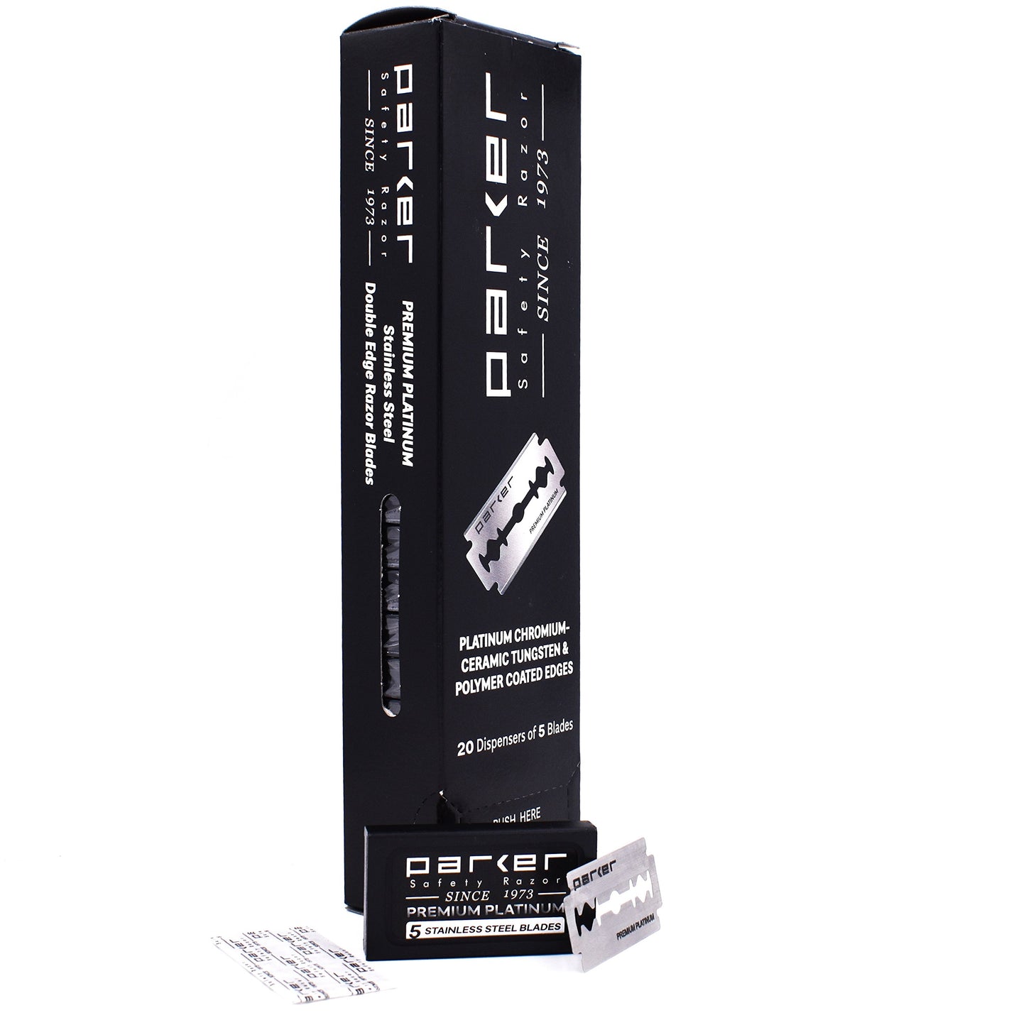 Cuchillas de Afeitar de Seguridad de Doble Filo de Parker, 100 unidades (20 x 5), Cuchillas de Afeitar de Platino Premium con Bordes Recubiertos de Platino, Tungsteno y Cromo