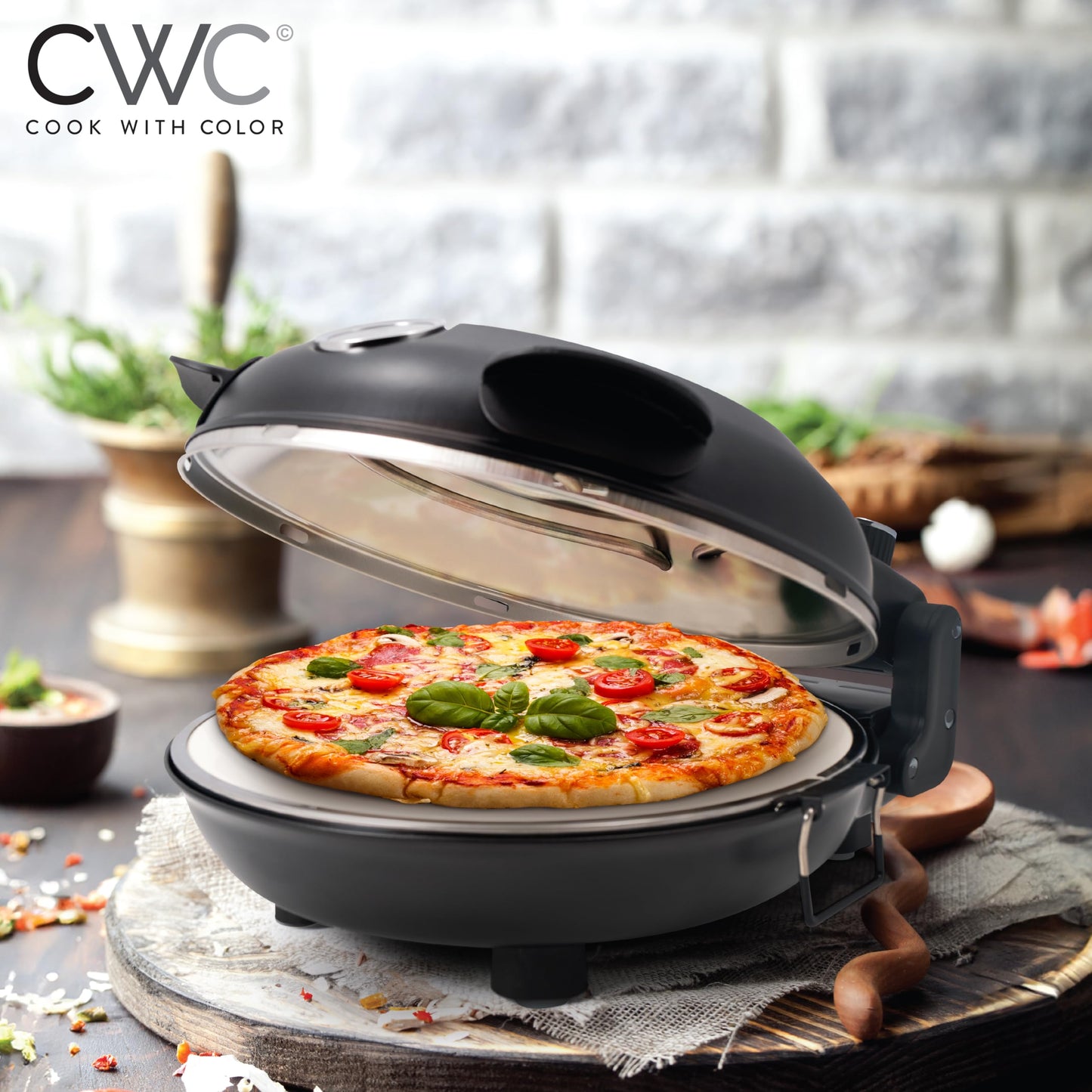 Cook With Color Horno eléctrico de pizza para interiores – Pizzera crujiente, calienta hasta 1000 °F, piedra de cerámica de 12 pulgadas, doble control de temperatura, cáscara de bambú incluida, negro