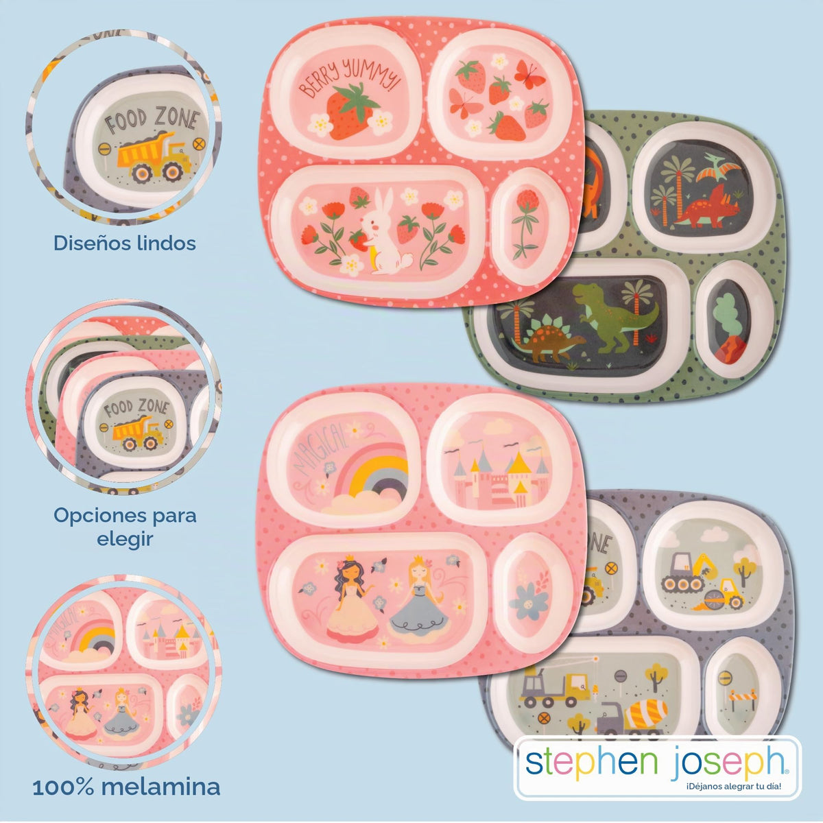 Stephen Joseph, Plato de cena de melamina para niños, platos divididos de plástico para comer, vajilla para niños y niñas, Dino