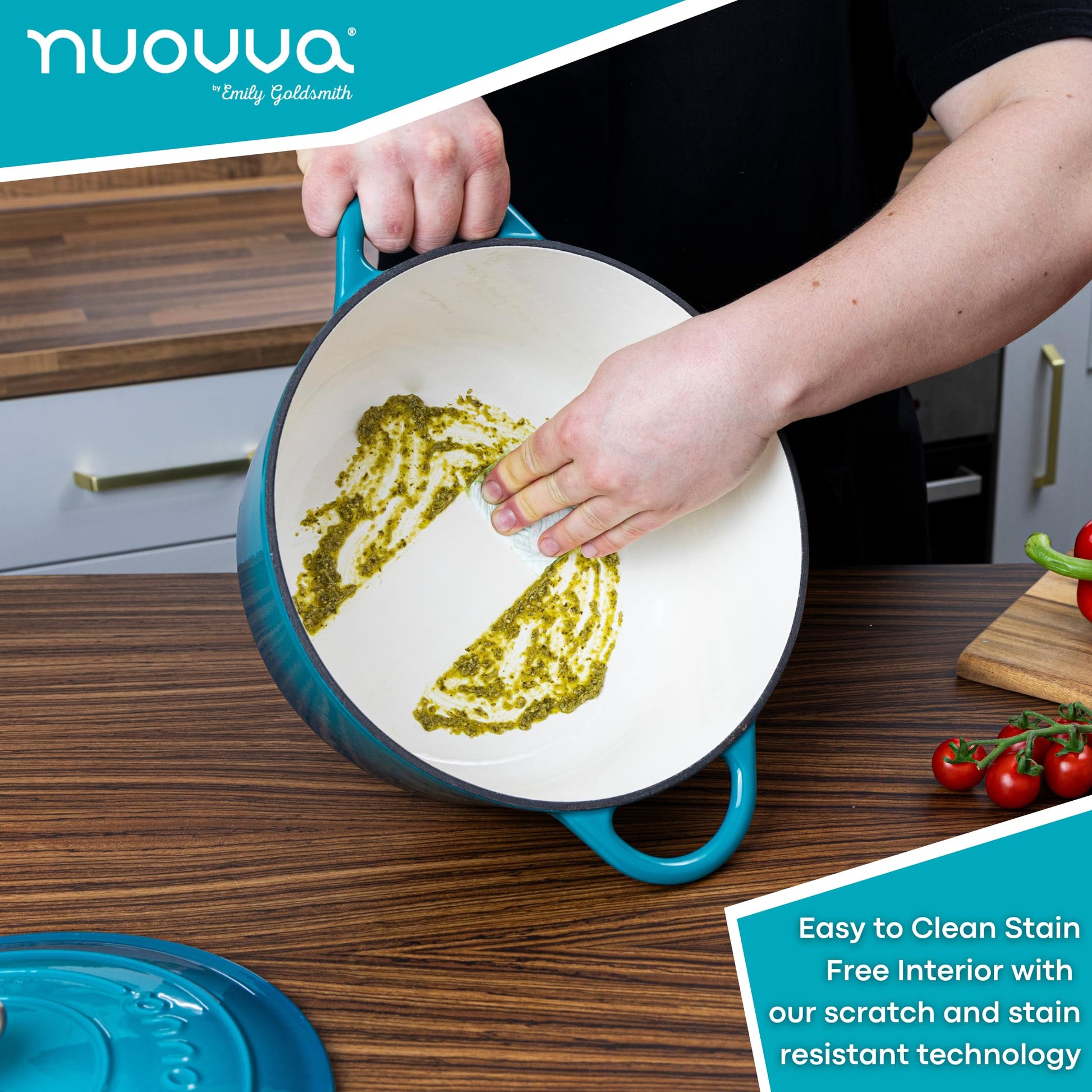 Nuovva - Horno Holandés de Hierro Fundido con Tapa - Cacerola Esmaltada Antiadherente - Verde Azulado, 7.3 Cuartos de Galón, 30 cm