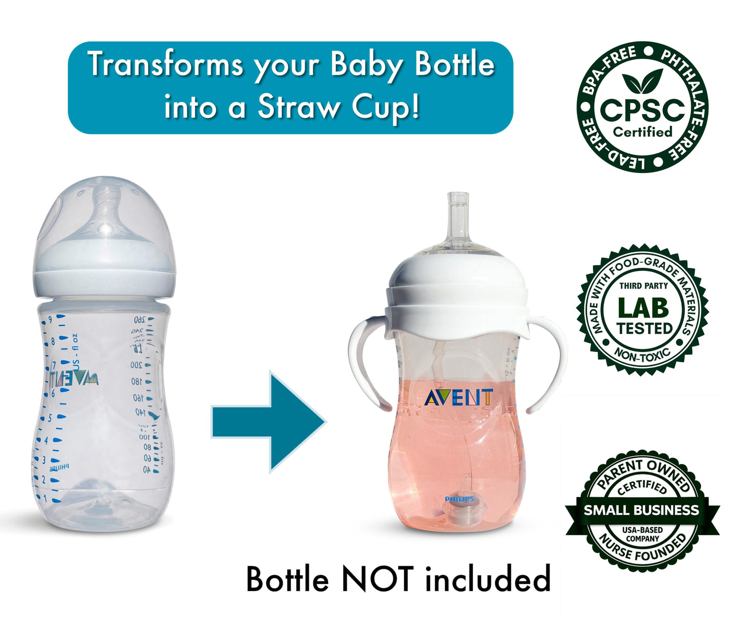 Kit de conversión de taza con pajita para biberones naturales de bebé Philips Avent, 2 unidades, tetinas de pajita de silicona de grado alimenticio y pajita ponderada, asas de botella, cepillo de