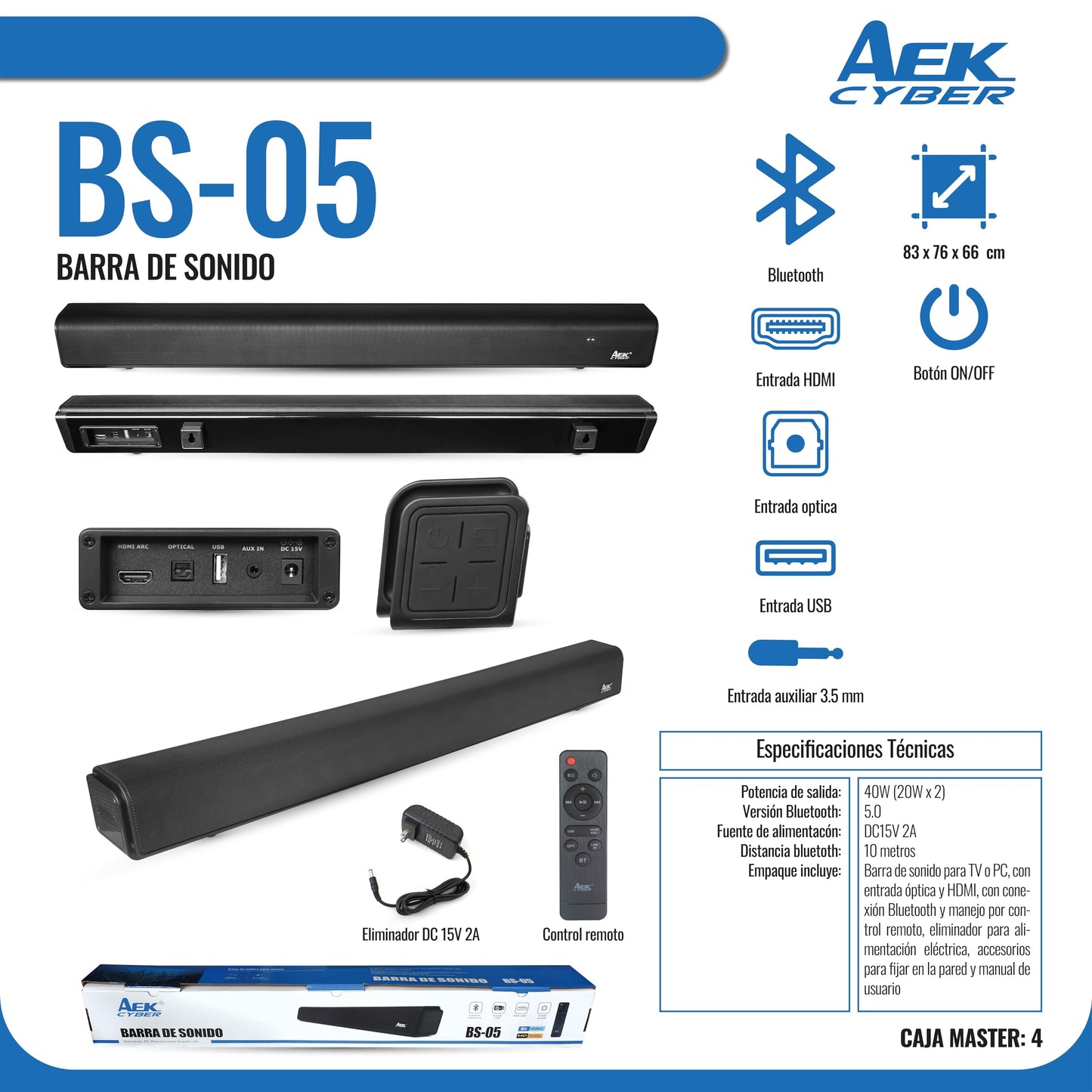 Barra de Sonido AEK CYBER BS-05 Negra Altavoz Bluetooth 20Wx2 con Control y Puertos HDMI USB Optical AUX