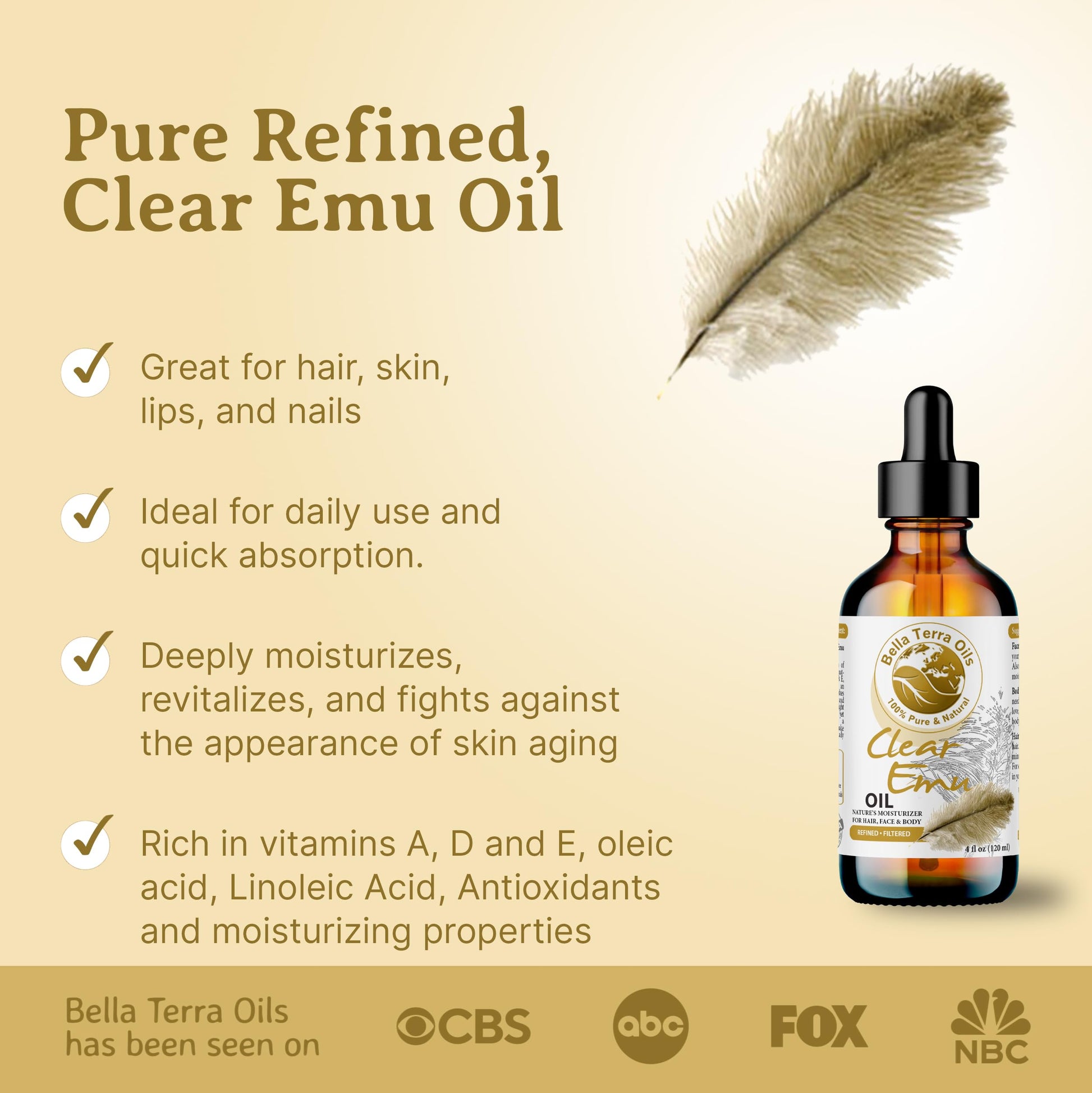 NEW Ultra Clear Emu Oil. 4oz. Australian. Fully Refined. Organic. 100% Pure. Anti-inflammatory. Hexane-free. Soothes Skin. Promotes Hair Growth. Natural Moisturizer. For Hair, Skin, Stretch Marks.