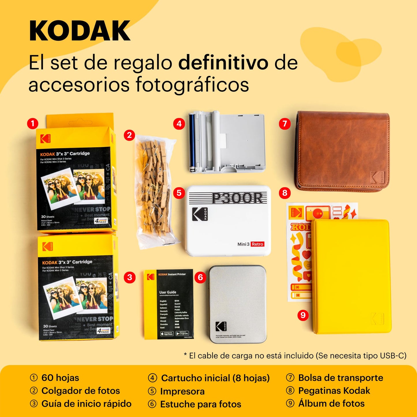 KODAK Mini 3 Retro 4PASS Impresora de Fotos Portátil (7,6x7,6cm) + Pack de Regalo con 68 Hojas, Negro