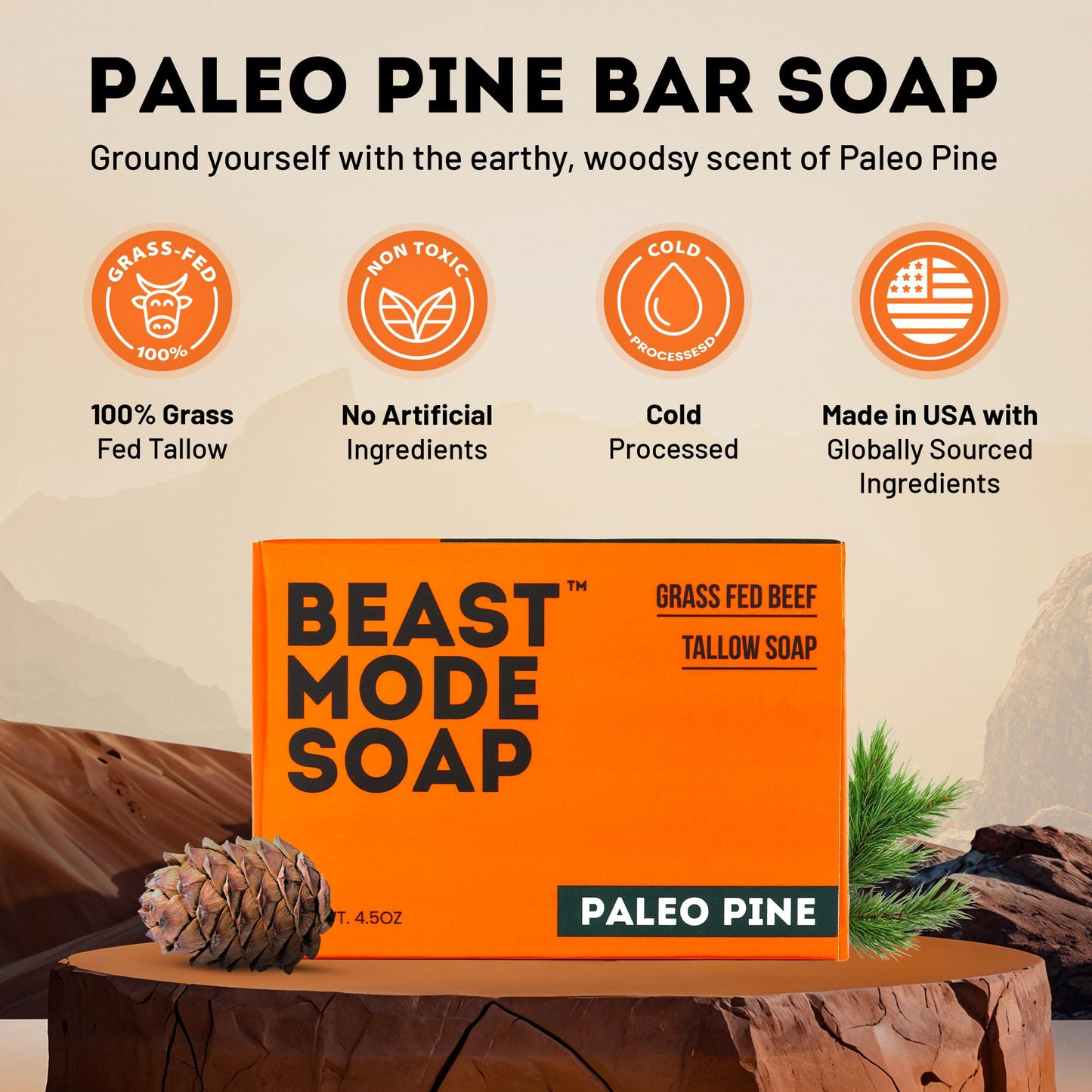Beast Mode Soap para Hombres, Paleo Pine, Paquete de 2 Barras – Jabón de Sebo Natural de Vacas Alimentadas con Pasto, Mezcla Exfoliante de Arena, Hecho A Mano, No Tóxico