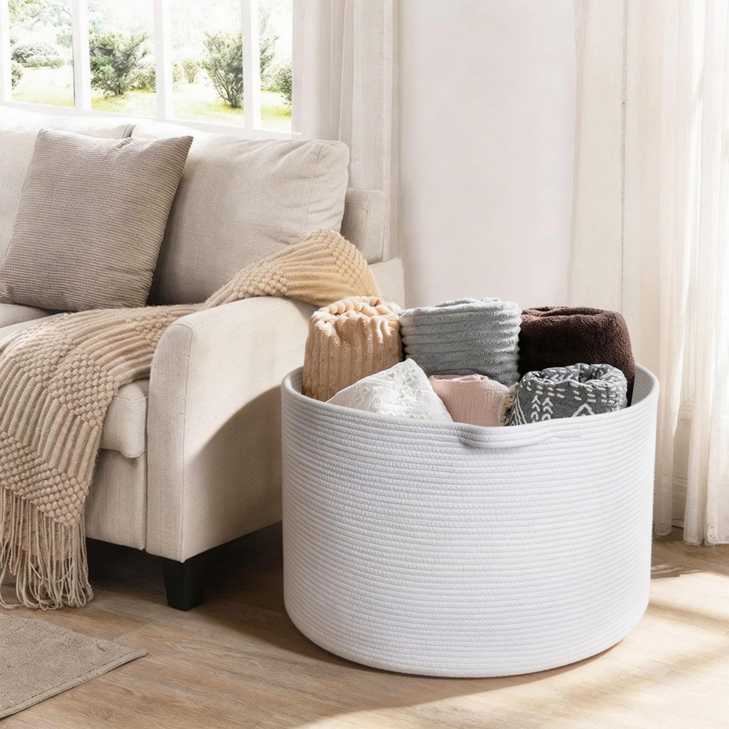 MEGASKET - Cesta de almacenamiento de cuerda de algodón blanco, 22 x 22 x 14 pulgadas, manta extragrande, almacenamiento para sala de estar, cesta de juguetes suaves XL para organizar, cesta de