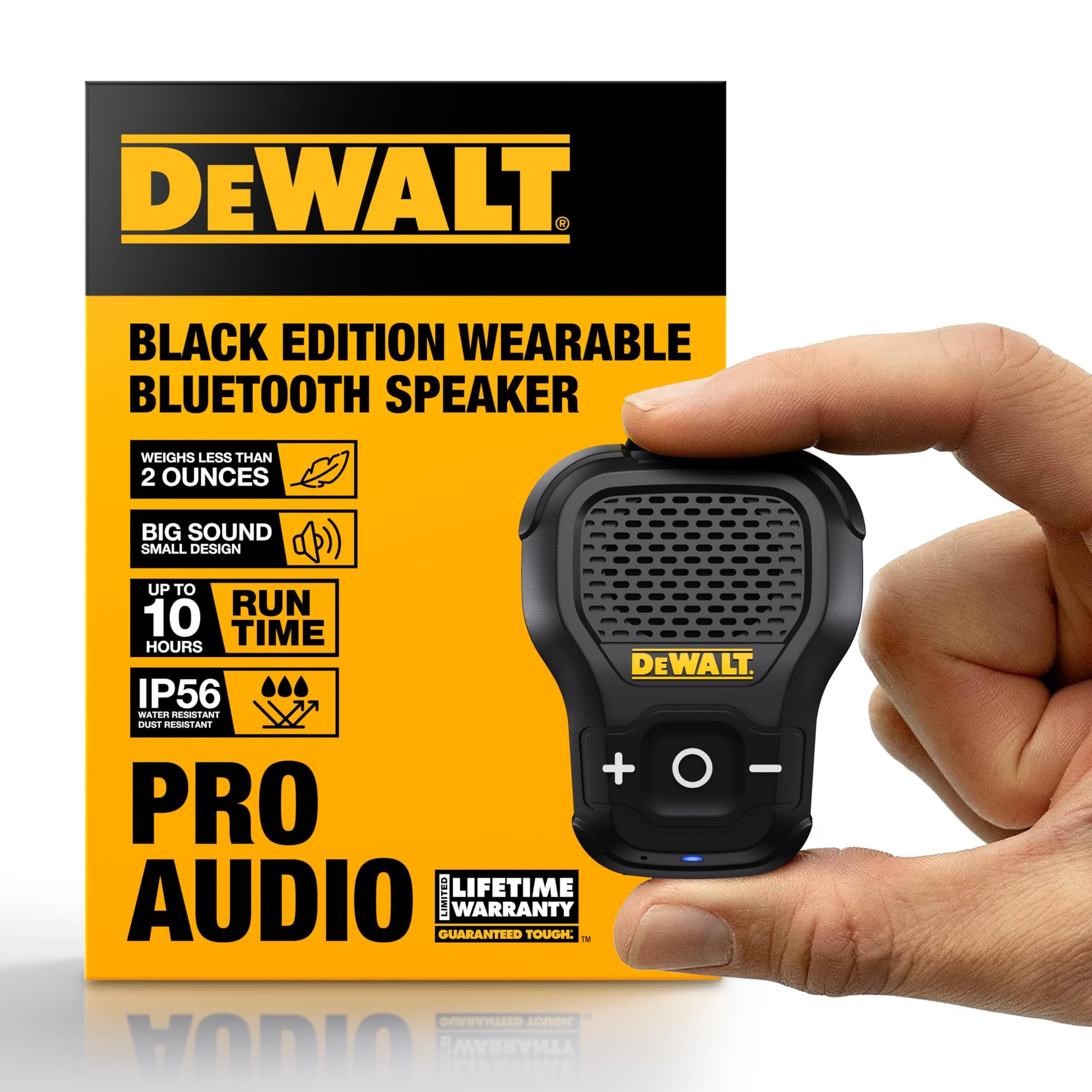 DEWALT - Altavoz Bluetooth portátil [Onyx Edition - Negro] con Clip inalámbrico Jobsite Pro Resistente al Agua (no magnético), micrófono para música y Llamadas Manos Libres, Mini Altavoces Bluetooth