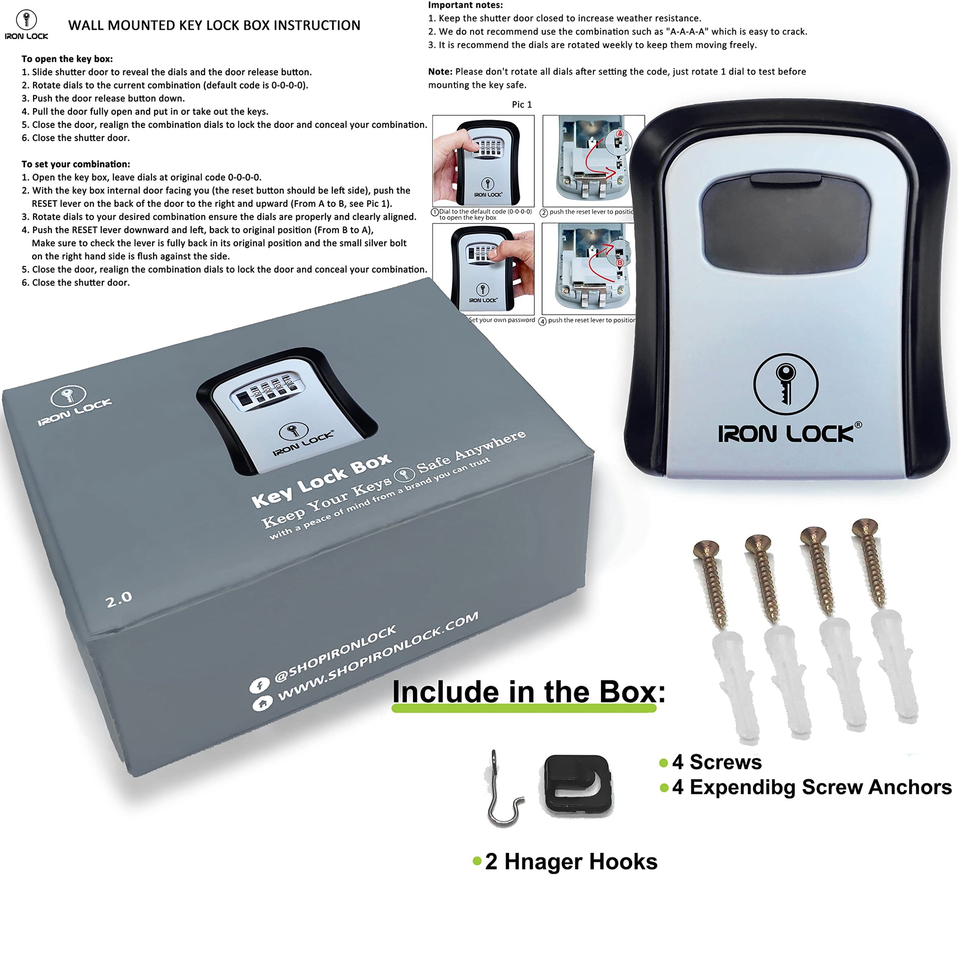 Iron Lock® - Caja de bloqueo de llaves para llaves de 4 dígitos combinación con código reajustable con interruptor A B para interiores y exteriores, impermeable, para llaves de casa de repuesto, 5