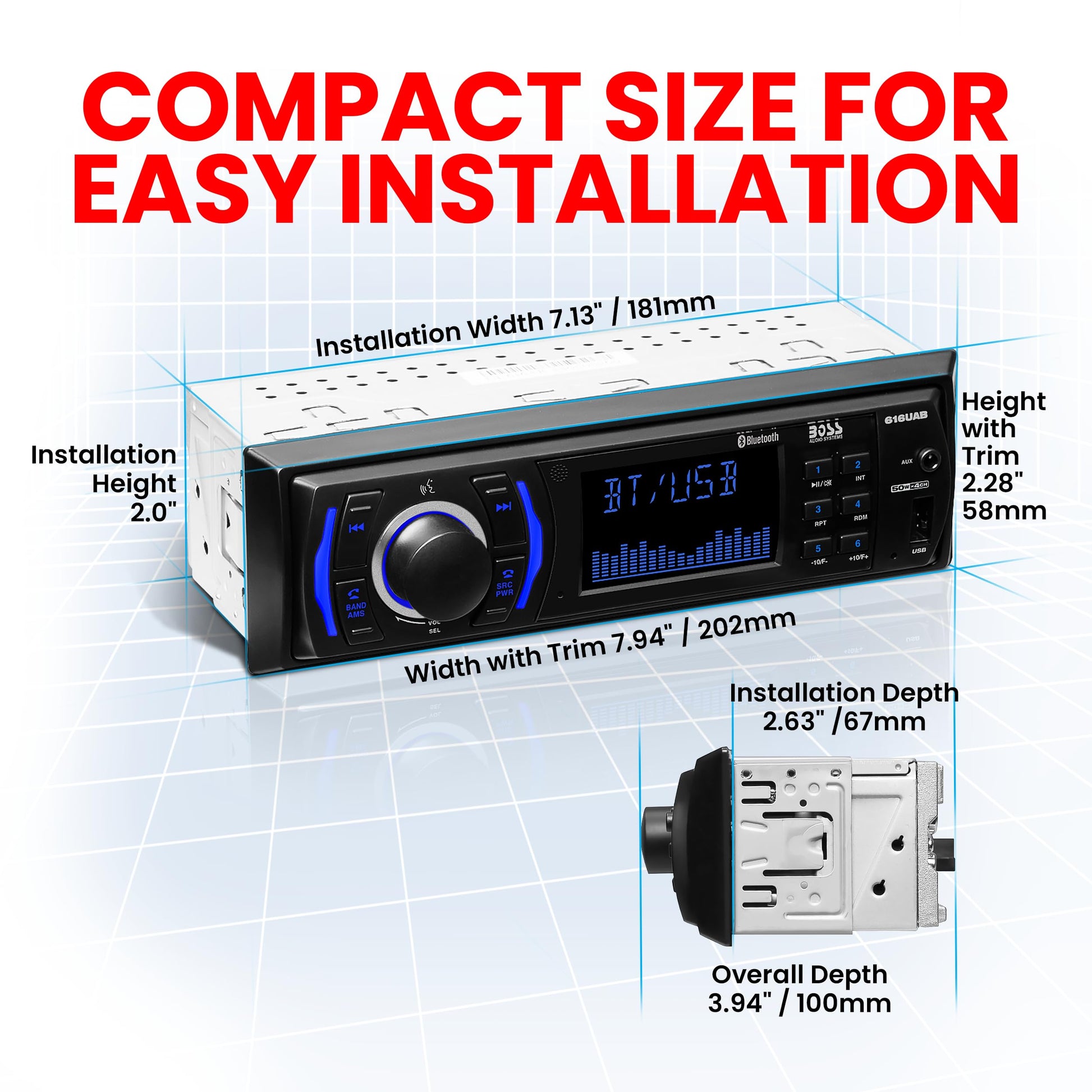 BOSS Audio 616UAB Reproductor multimedia sin mecanismo DIN único (sin CD ni DVD), receptor, Bluetooth