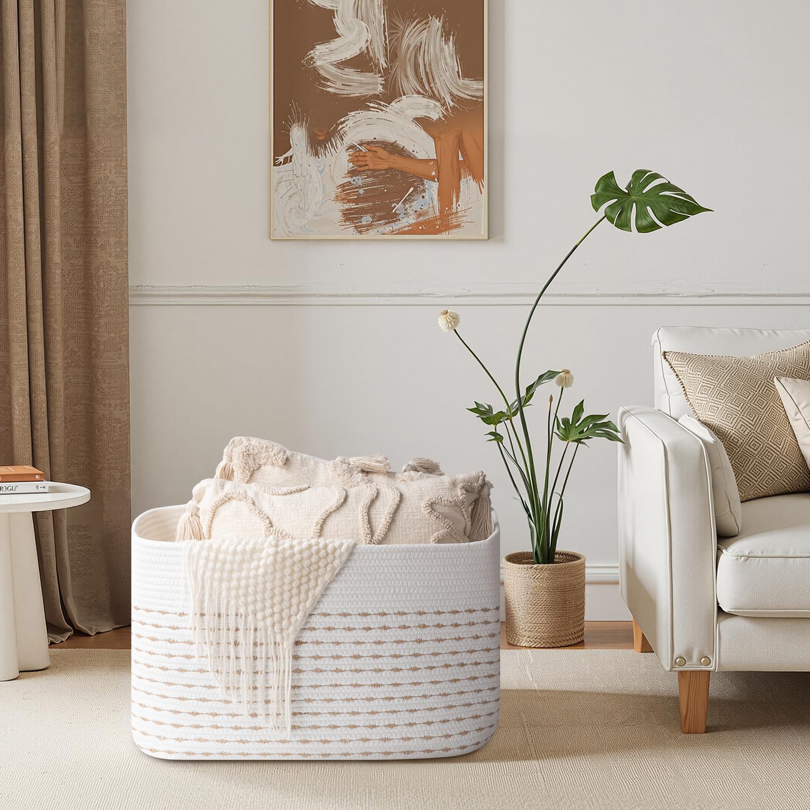 OIAHOMY - Cesta de manta de 75 l, cesta de cuerda de algodón tejida para organizar 22 x 17 x 12 pulgadas, utilizada para sala de estar, recámara, guardería, amarillo claro y blanco