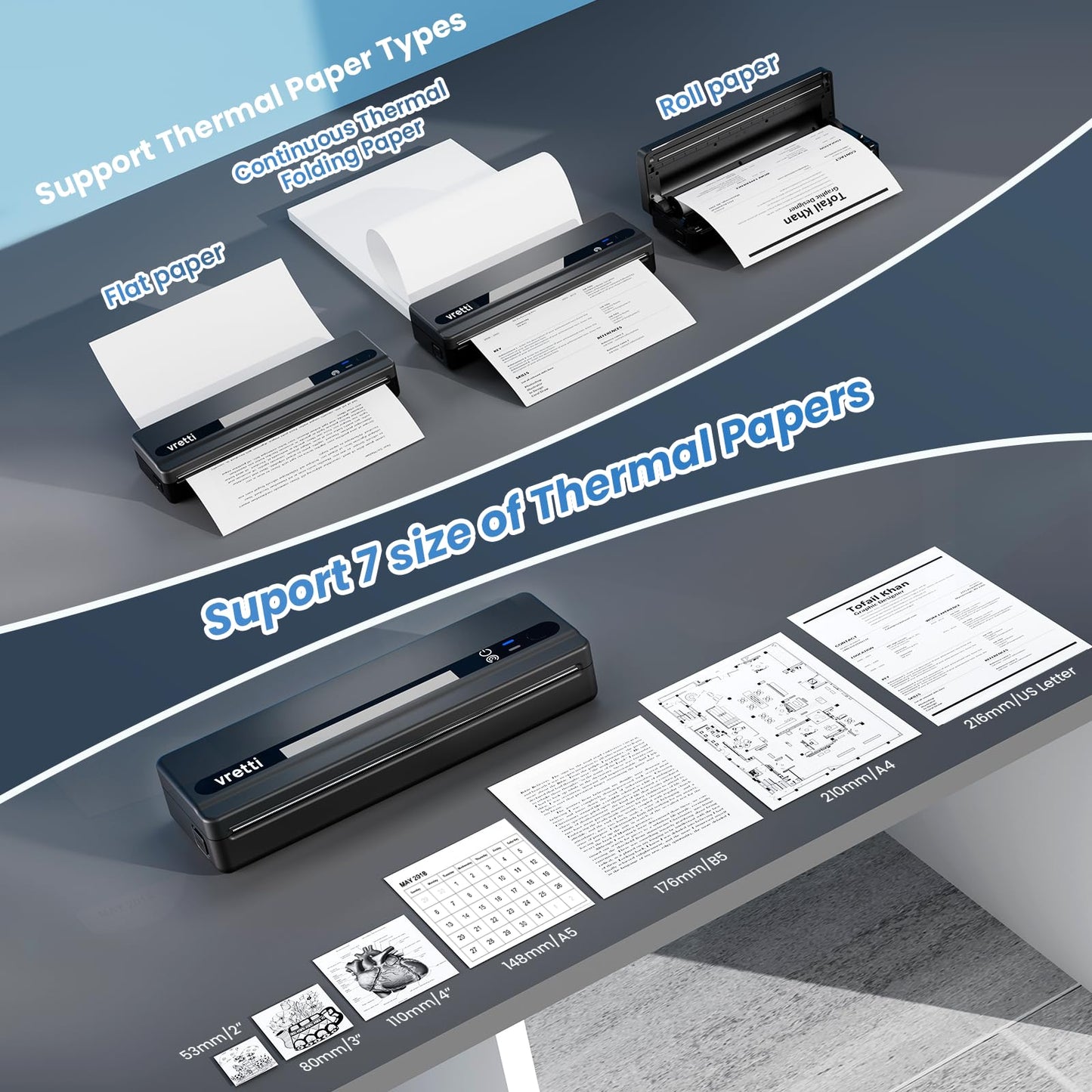 Vretti Impresora portátil inalámbrica para viajes, impresora sin tinta PB821, impresoras térmicas móviles A4, compatible con teléfono y portátil, compatible con 8.5 x 11 letras de EE. UU., etc. para