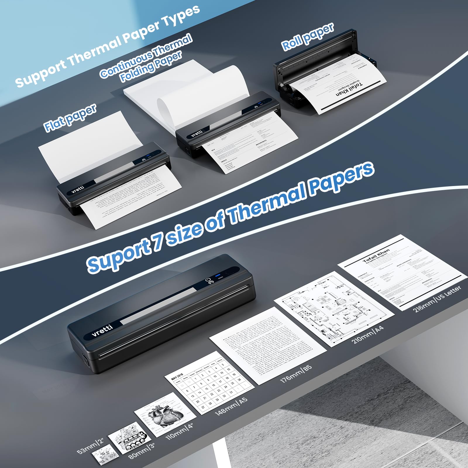 Vretti Impresora portátil inalámbrica para viajes, impresora sin tinta PB821, impresoras térmicas móviles A4, compatible con teléfono y portátil, compatible con 8.5 x 11 letras de EE. UU., etc. para