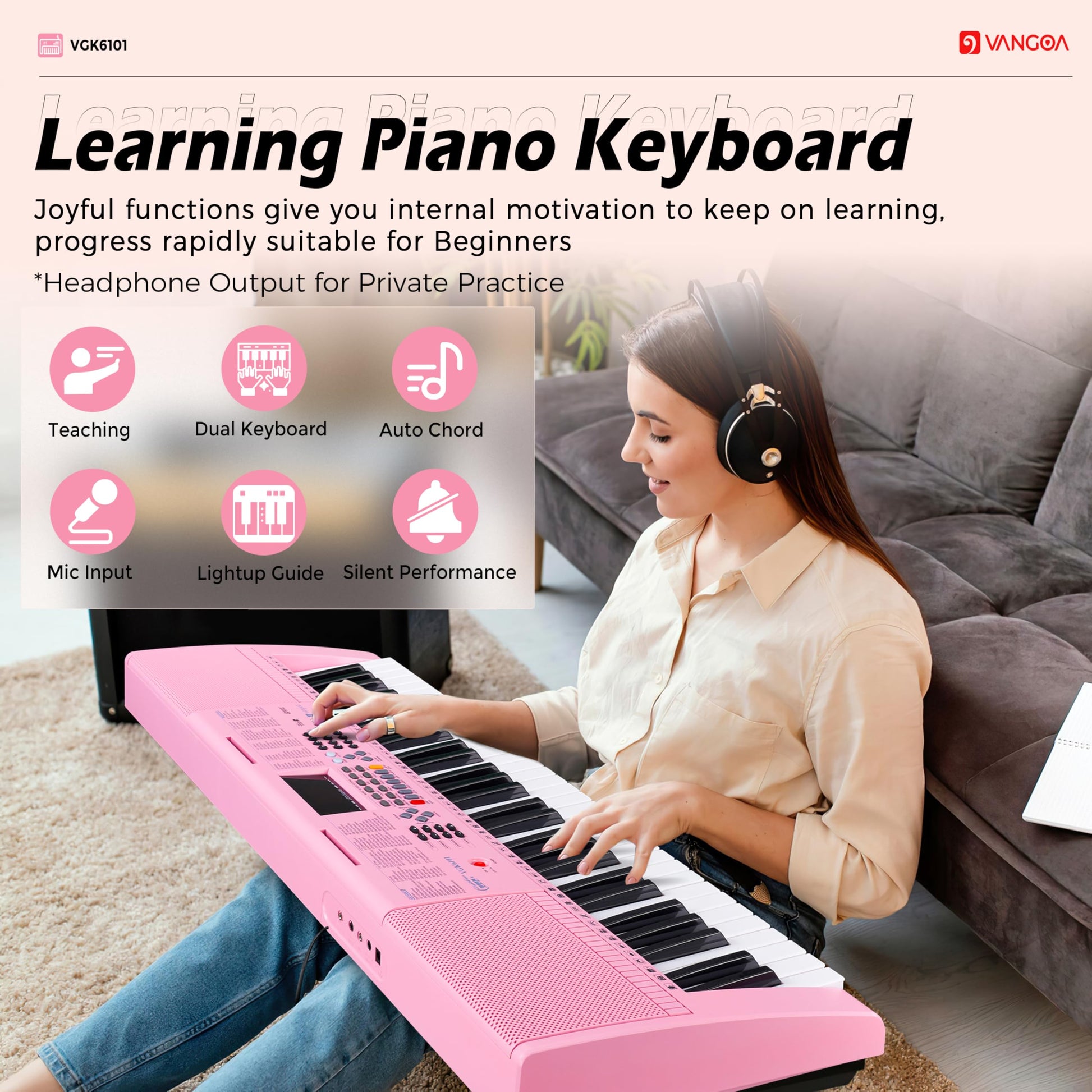 Teclado de Piano Vangoa Rosa 61 Teclas Kit Portátil con Micrófono para Niños y Estudiantes