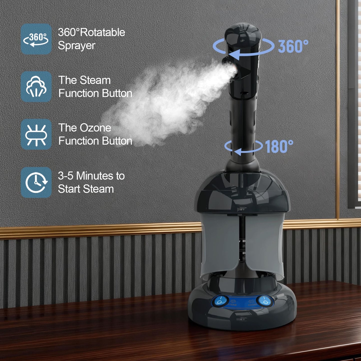 Kingsteam Vaporizador facial nano iónico para limpieza profunda, vaporizador facial portátil de ozono con brazo extensible giratorio de 360°, humidificador para cuidado personal en casa o salón.