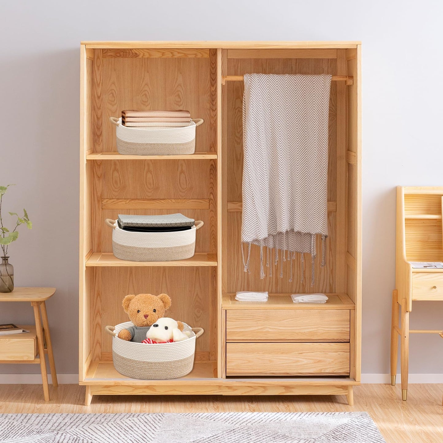 3 Canastas Organizadoras de Cuerda de Algodón Natural con Asas, Cestas Tejidas Multiusos para Ropa, Juguetes y Baño, Juego de 3 Tamaños, Decorativas para Dormitorio y Guardería (Caqui y Blanco)