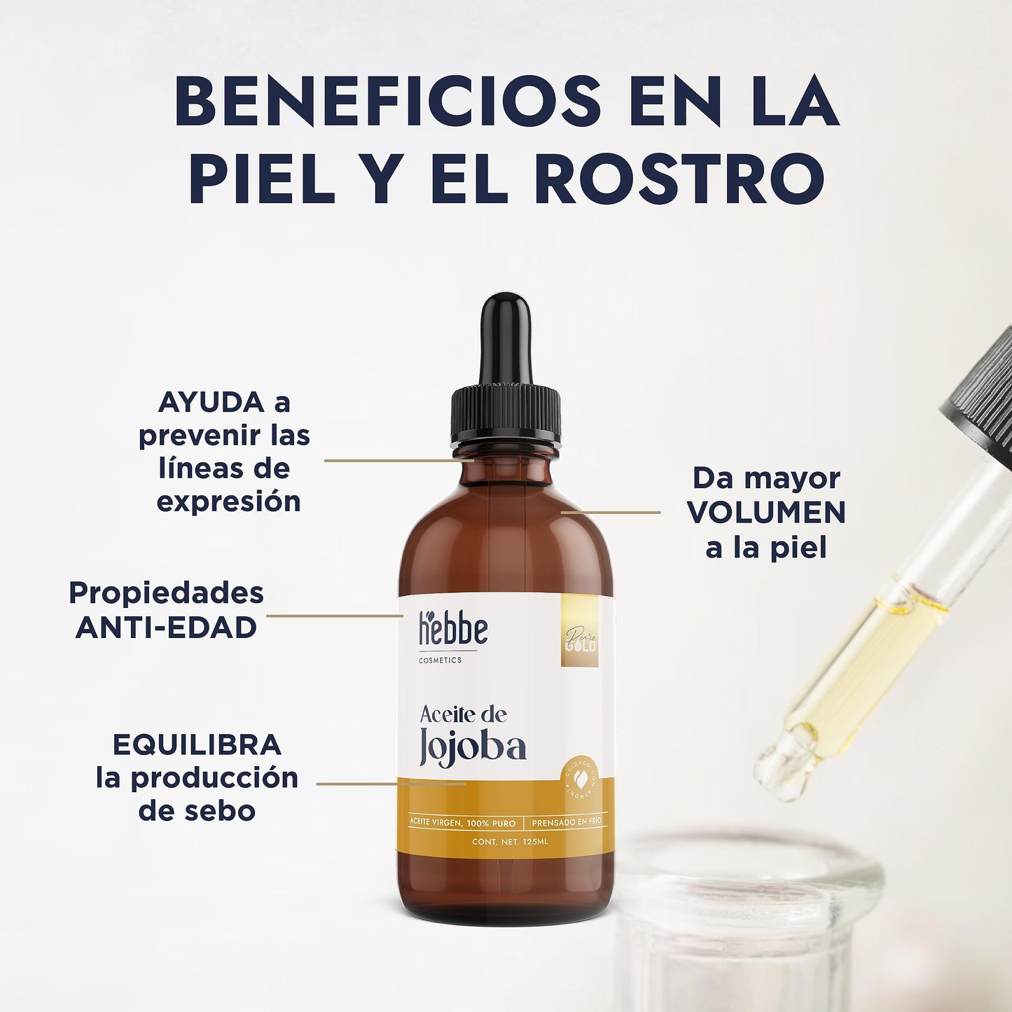 HEBBE - ACEITE DE JOJOBA VIRGEN PURO ORGÁNICO | TRATAMIENTO HIDRATANTE Y TRATA ESTRÍAS | CONTENIDO 125 ML