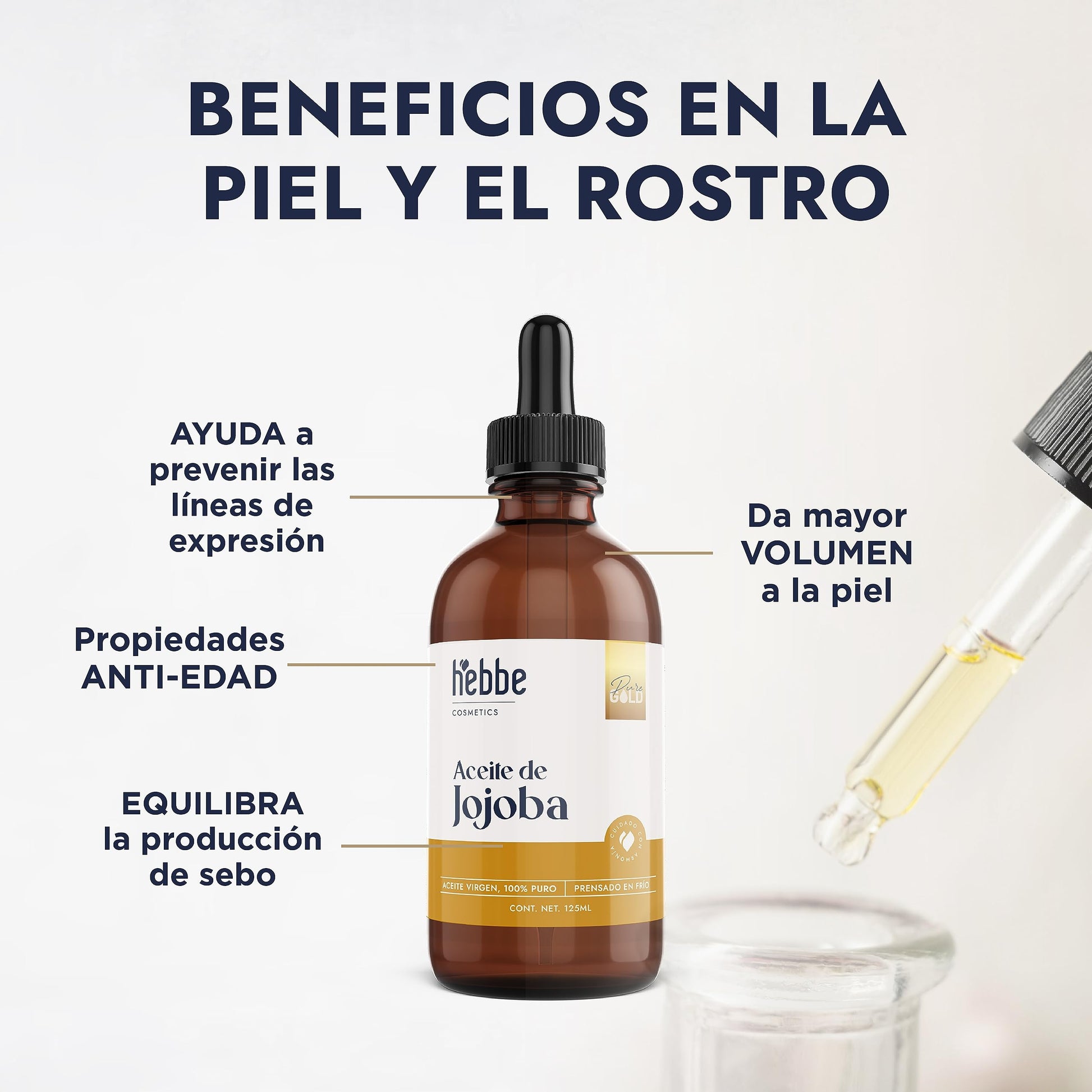 HEBBE - ACEITE DE JOJOBA VIRGEN PURO ORGÁNICO | TRATAMIENTO HIDRATANTE Y TRATA ESTRÍAS | CONTENIDO 125 ML