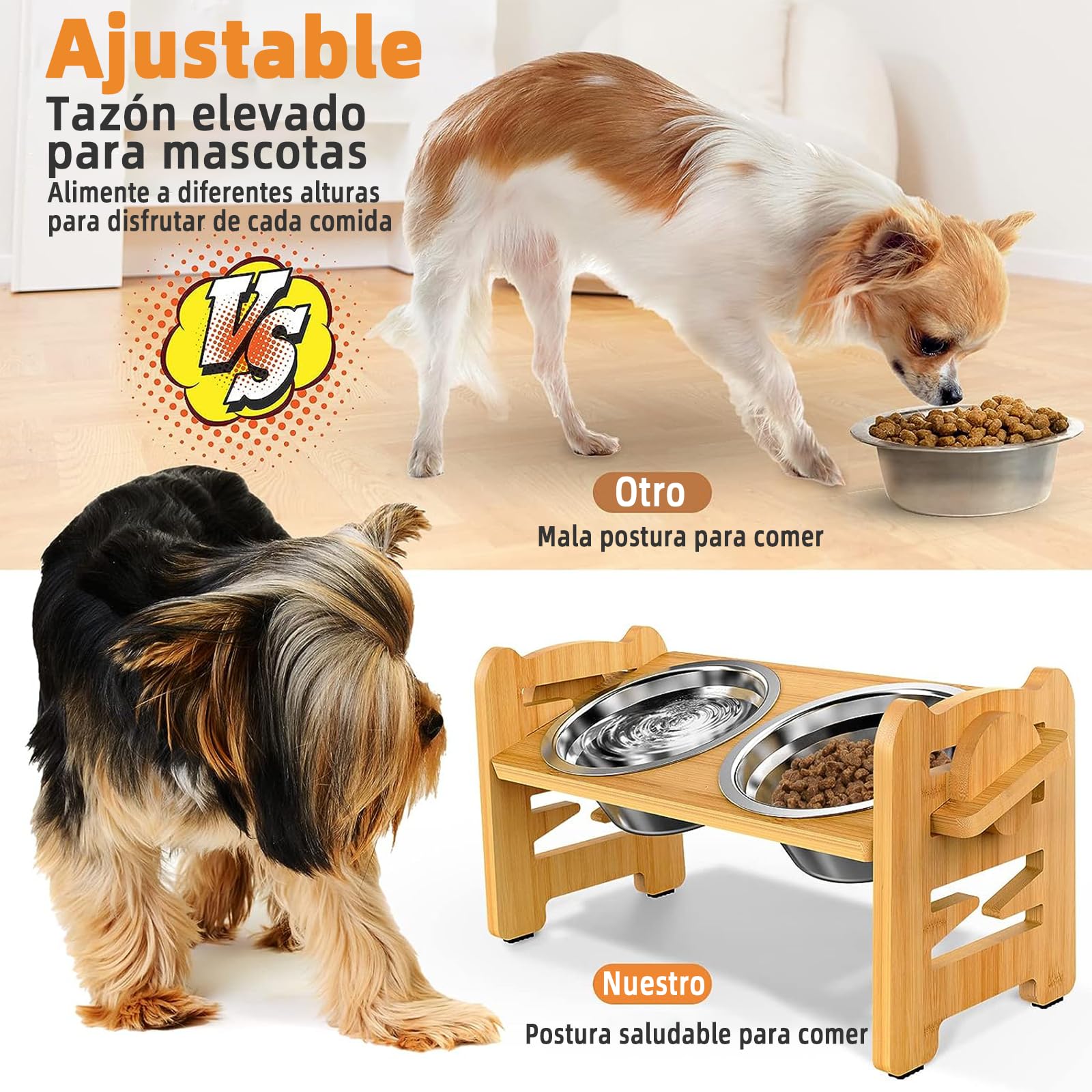 Cuencos Elevados PKDEF Ajustables en Altura y Ángulo con Alfombrilla Antideslizante para Perros Pequeños y Medianos, Mascotas