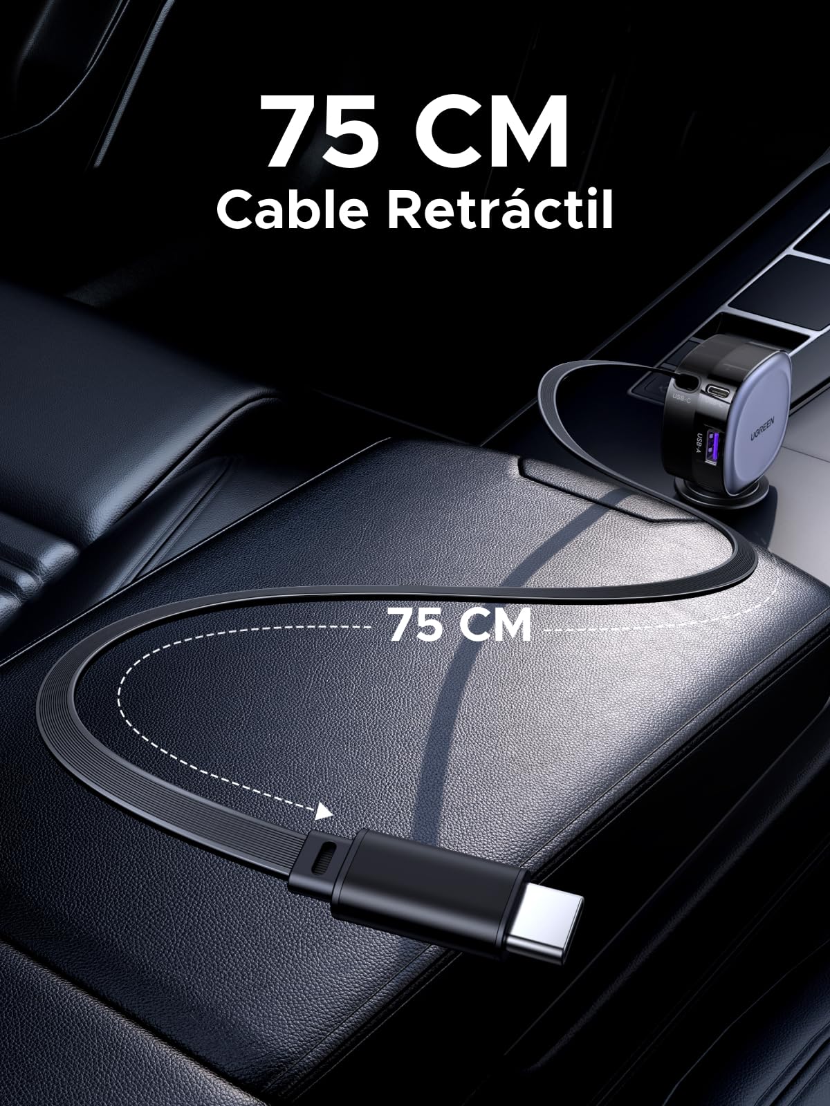 UGREEN 75W Cargador para Auto Retráctil USB C, 3 en 1 Adaptador de Coche con 60W Cable Tipo C Carga Rápida Compatible con iPhone 16 Pro MAX 15 14, Pixel 9 8 7, Galaxy S25 Ultra S24 S23, iPad