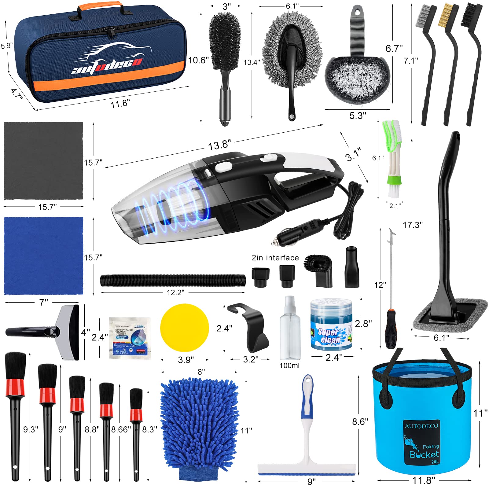 AUTODECO - Kit de 41 piezas de limpieza de coche, kit de limpieza de detalles interiores con aspiradora de mano de alta potencia, cubeta plegable, herramienta para parabrisas, pala de nieve, cepillo