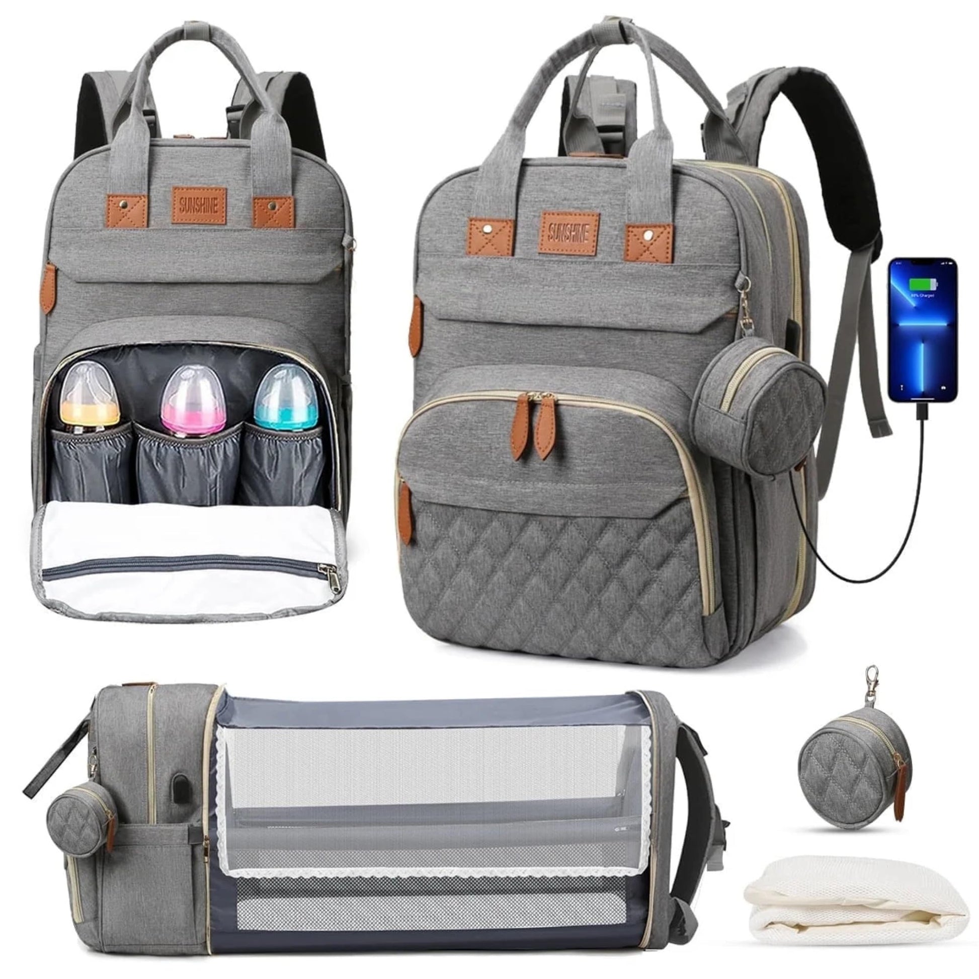 Koskids - Mochila para pañales Bolsa grande para pañales de viaje. Bolsa de pañales impermeable multifuncional con cambiador, puerto USB, correas de carriola y estuche para chupete, Gris, Large,