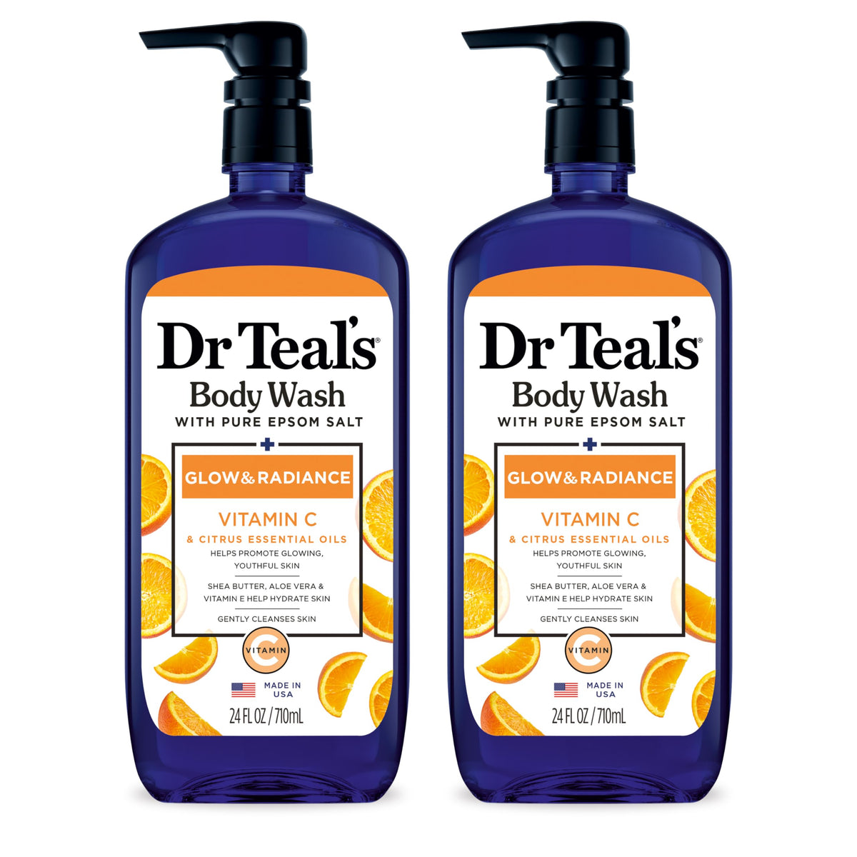 Dr Teal's Toospesy Dr. Teal's Glow & Radiance con aceites esenciales de vitamina C y cítricos, lavado corporal de 24 onzas, paquete de 2