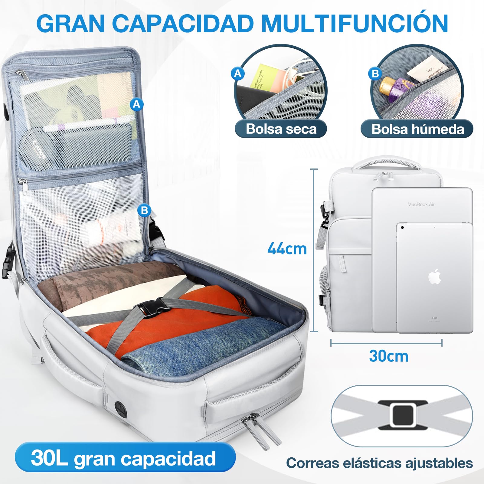 Mochila de Viaje Unisex Gris Impermeable con Compartimentos para Objetos Secos y Húmedos