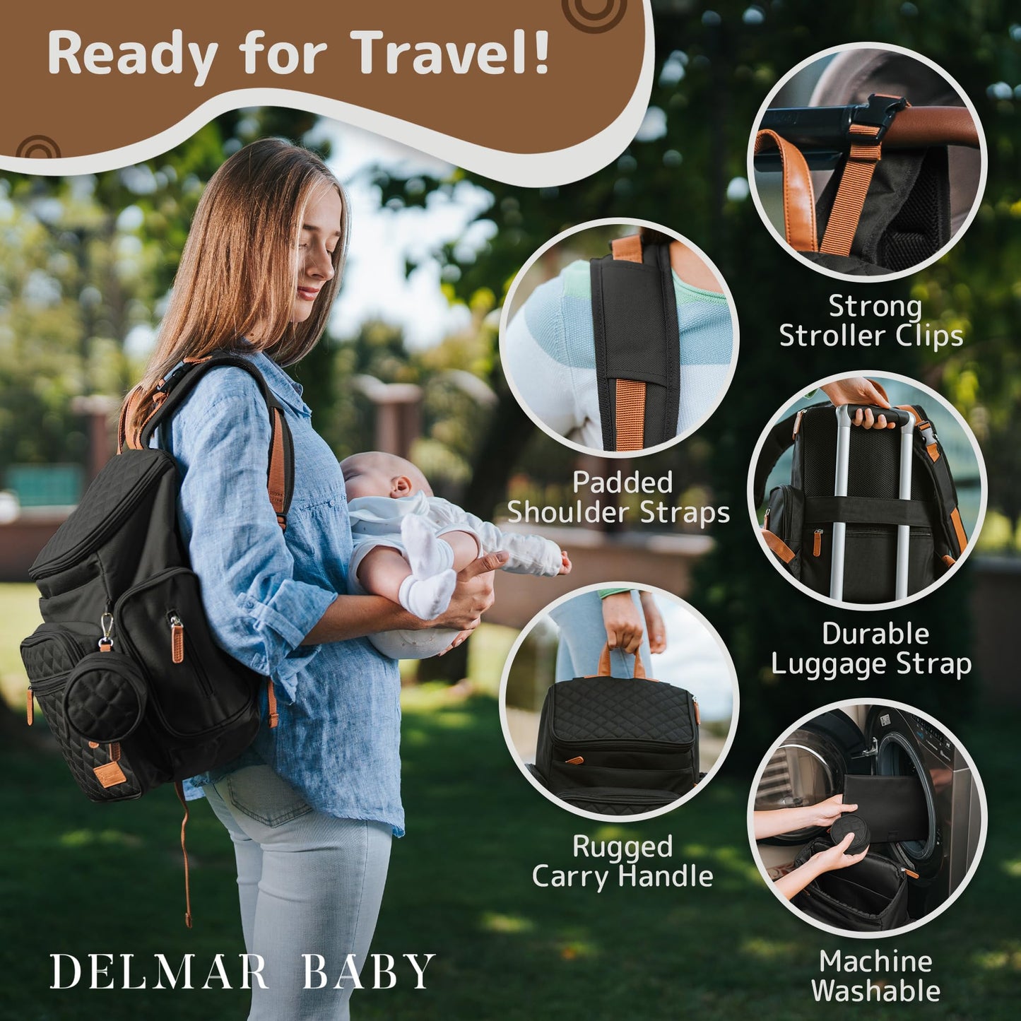DELMAR BABY - Mochila grande para pañales – New Born Essentials para bebé – Mochila unisex para pañales, verde militar, Negro -, Large, Bolsa de pañales moderna para bebé