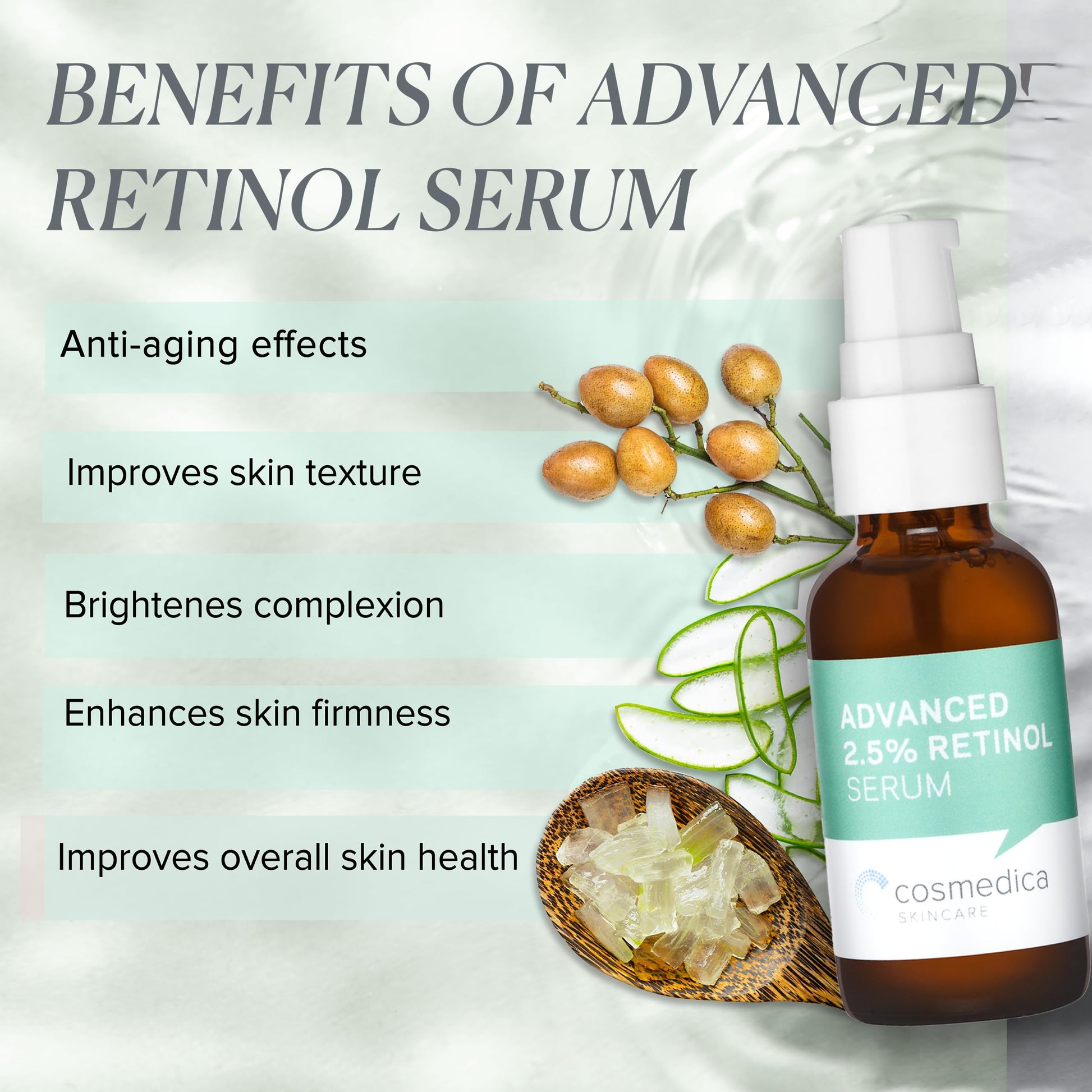 Cosmedica Skincare SUERO DE RETINOL AL 2.5%. Estimula la producción de colágeno y combate las secuelas de acné. Con acido hialuronico y Te verde.