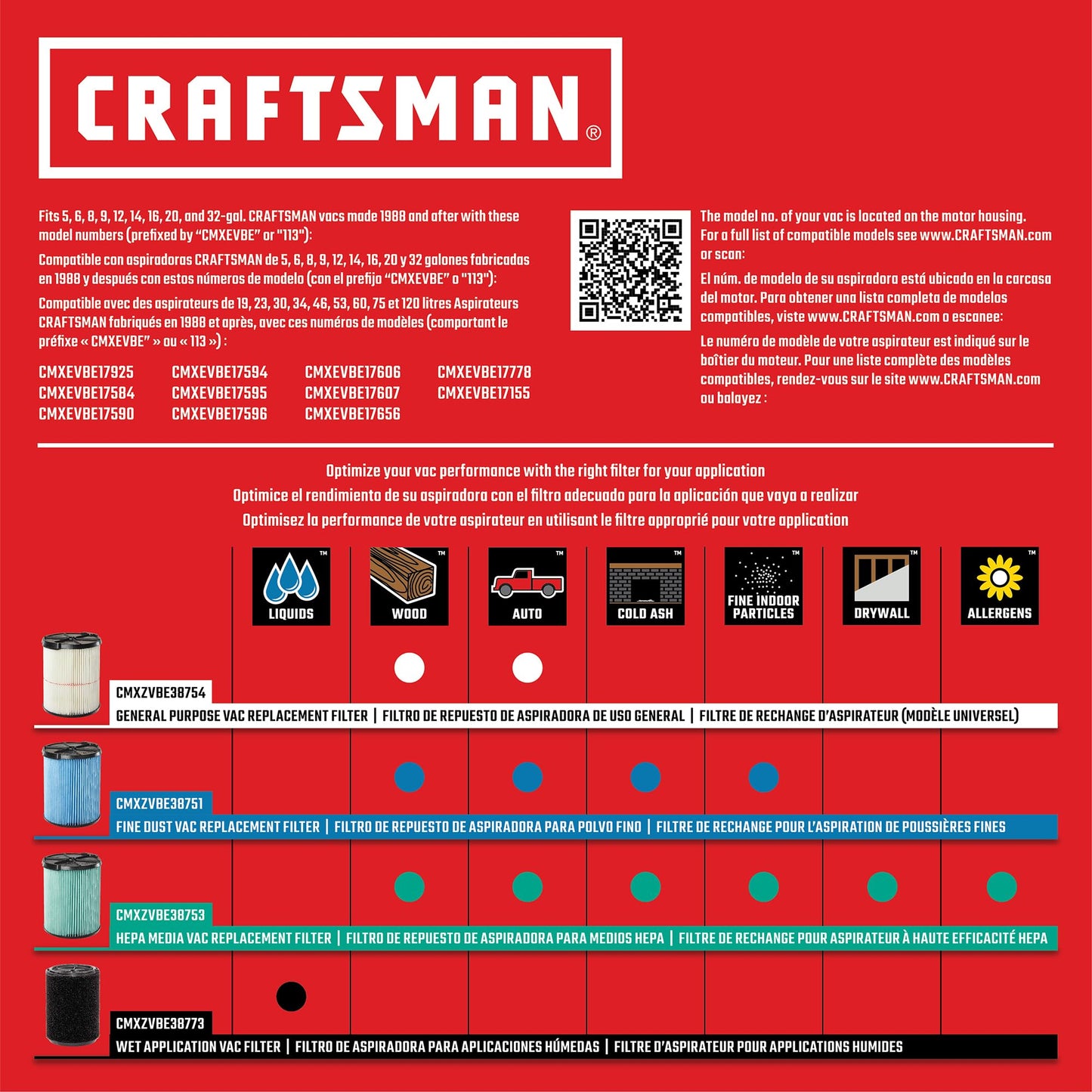 CRAFTSMAN CMXZVBE38754 Filtro de repuesto para aspiradoras de tienda de 5 a 20 galones