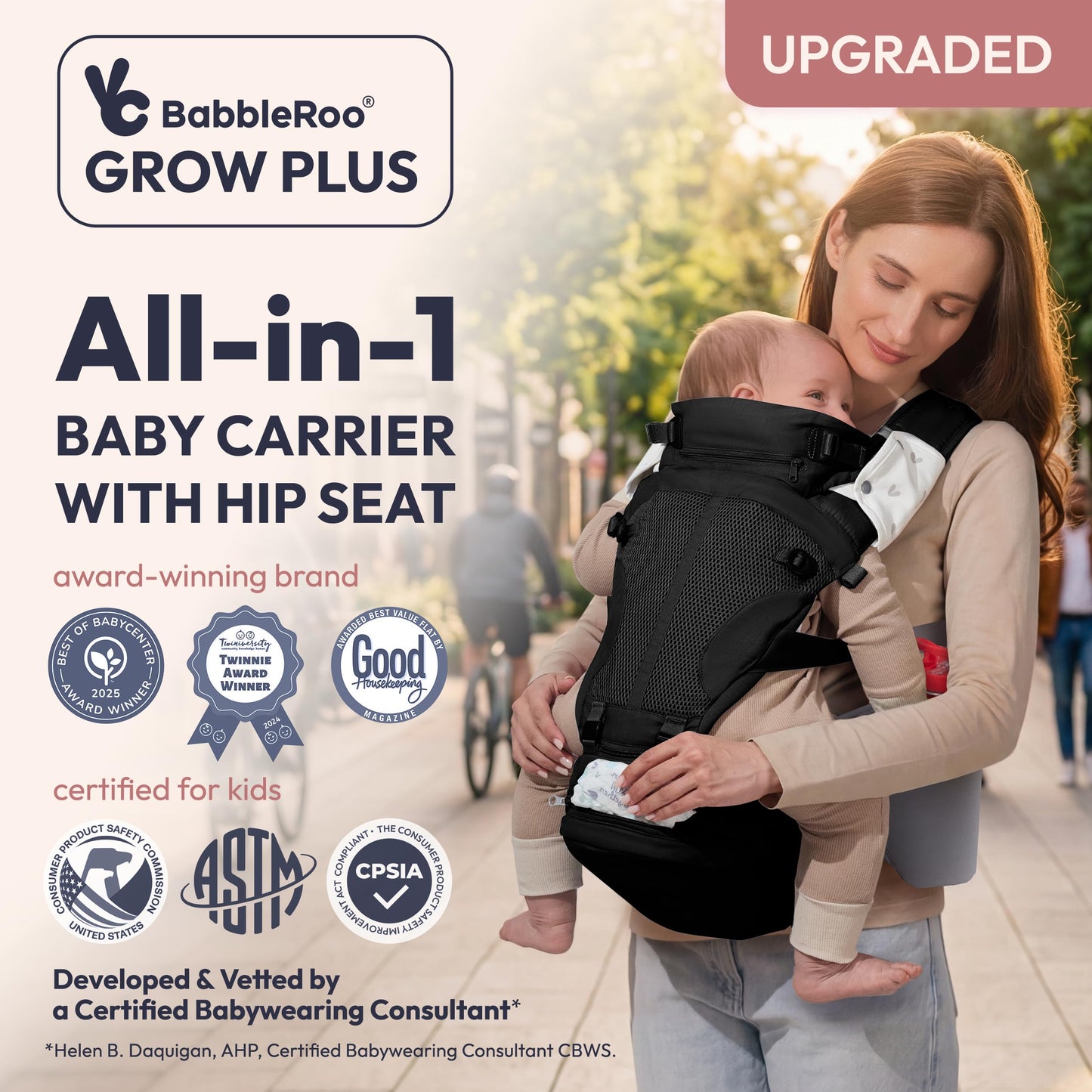 BabbleRoo Grow Plus Portabebés – Portabebés de algodón orgánico certificado de seguridad con asiento de cadera desmontable, amplio almacenamiento, hebilla magnética, bolsa de almacenamiento, comodidad