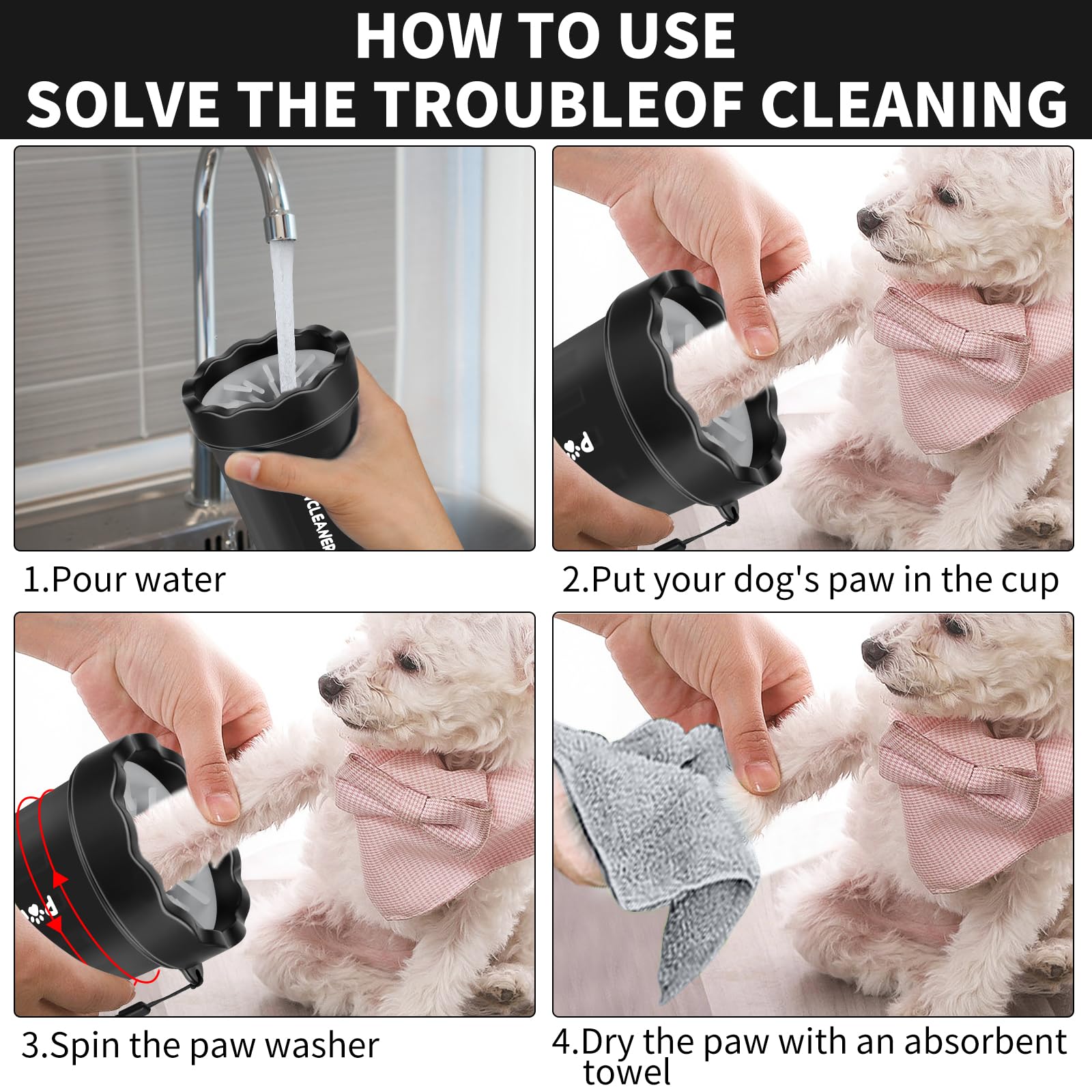 Limpiador de patas de perro para perros, con 3 toallas absorbentes y cepillo para polvo de baño ajustable para perros), limpiador de patas de perro Buddy Muddy Pet (negro, S)