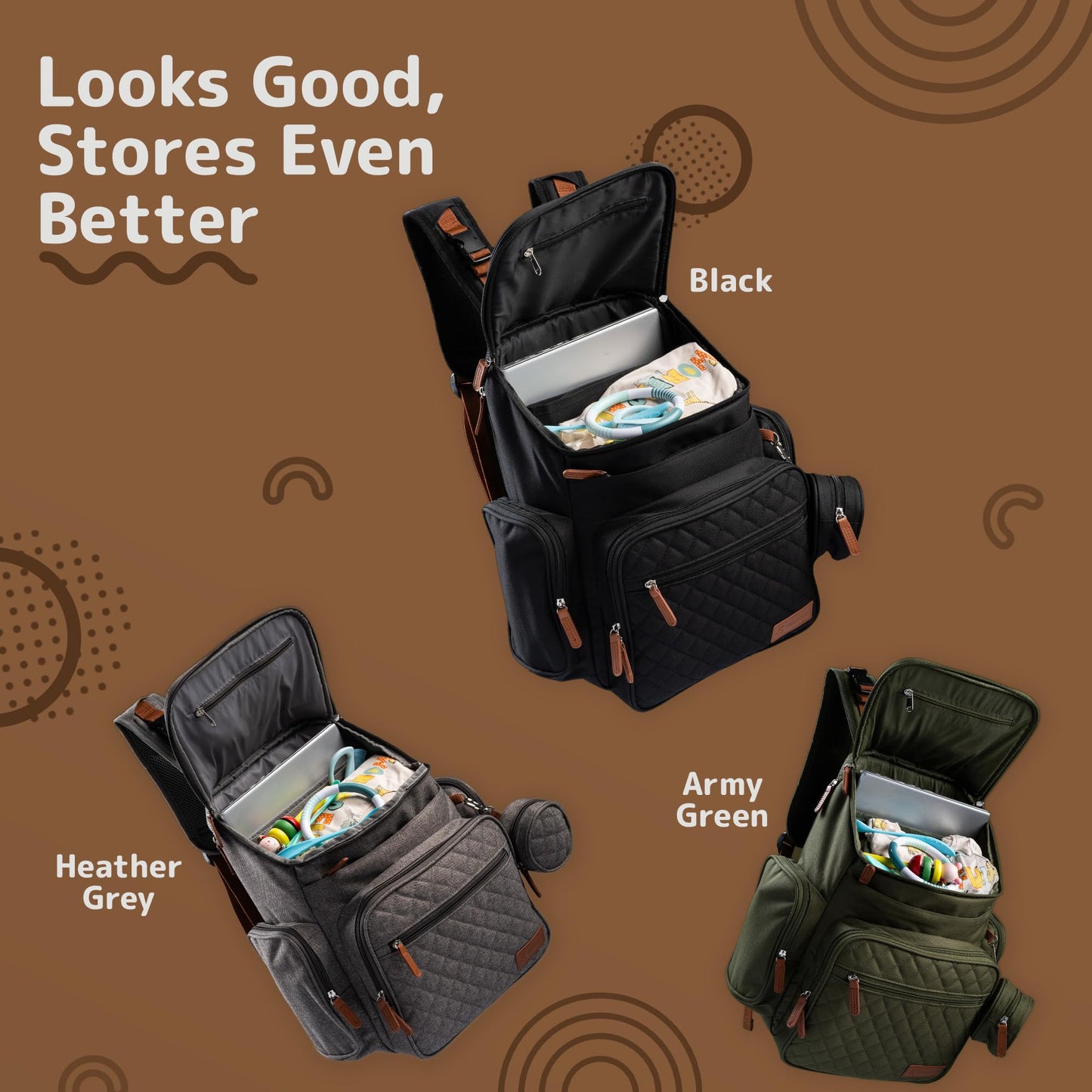 DELMAR BABY - Mochila grande para pañales – New Born Essentials para bebé – Mochila unisex para pañales, verde militar, Negro -, Large, Bolsa de pañales moderna para bebé