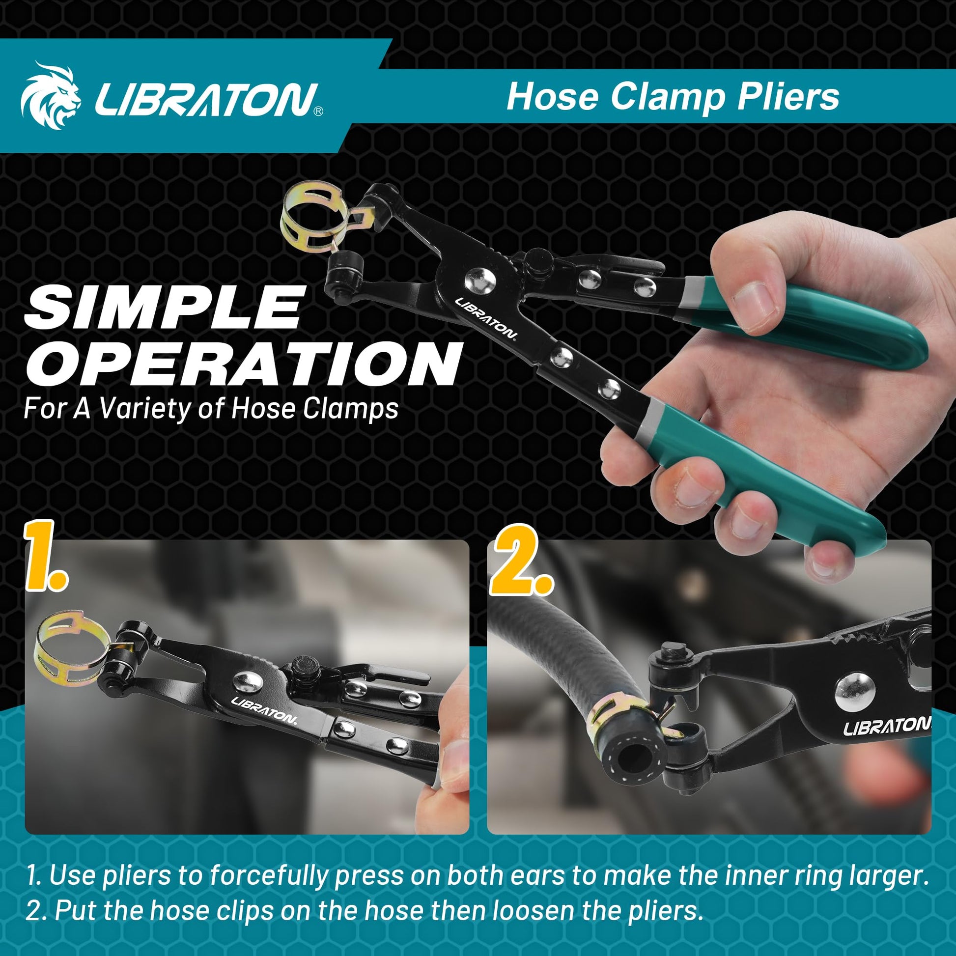 LIBRATON - Alicates de abrazadera de manguera, herramienta profesional de abrazadera de manguera con banda plana giratoria para extracción e instalación en abrazaderas de manguera de banda plana o