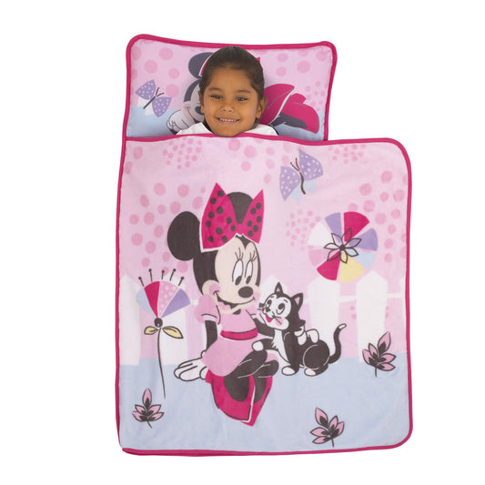 Disney Minnie Mouse - Alfombrilla acolchada para la siesta de Minnie en color rosa con almohada integrada, manta polar y etiqueta para el nombre para guardería, jardín de infancia o viajes, rosa, aguamarina, blanco