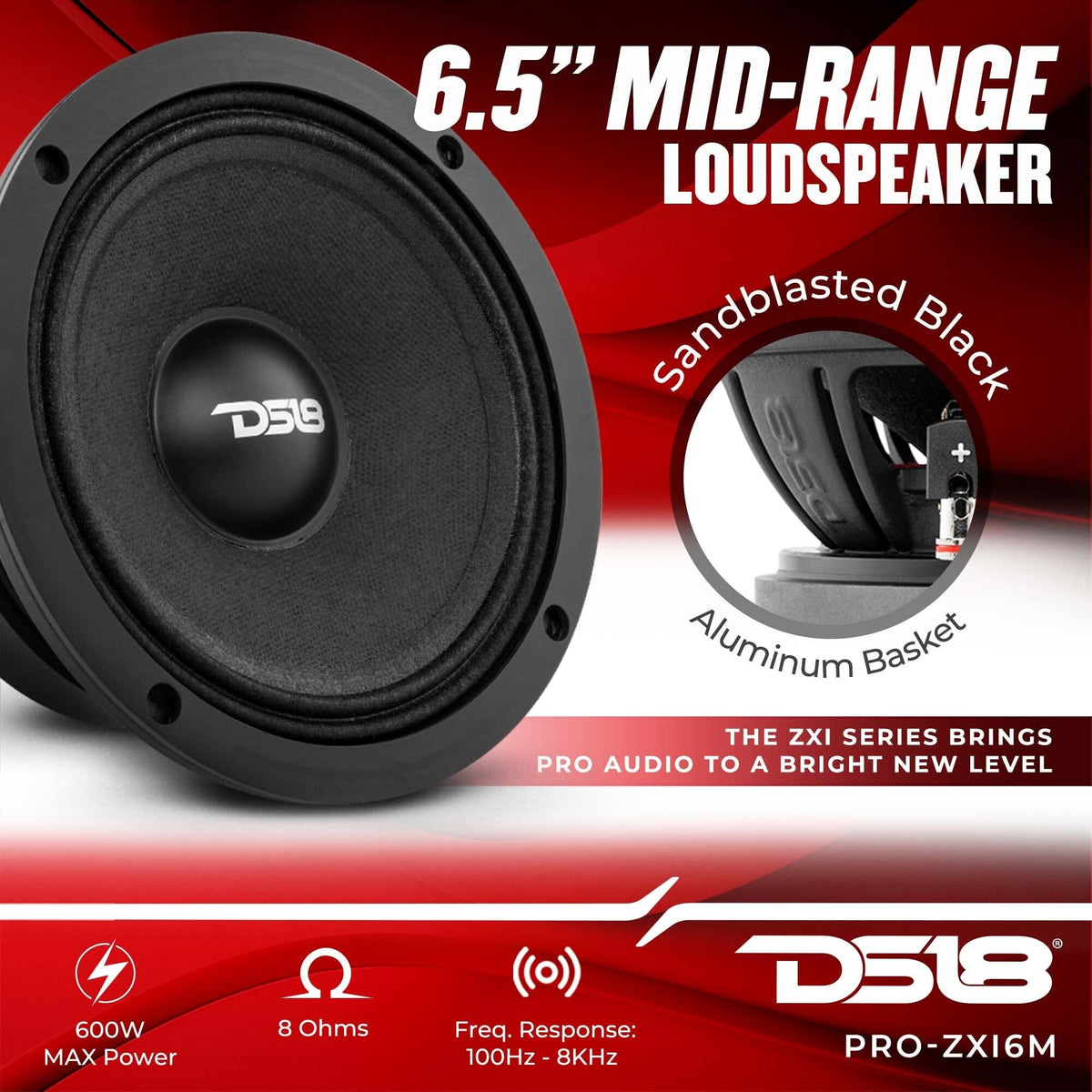 Altavoz de Audio de Coche DS18 PRO-ZXI6M Rojo 6.5 Pulgadas 600 W 8 Ohmios de Alta Calidad para Sistema de Sonido estéreo