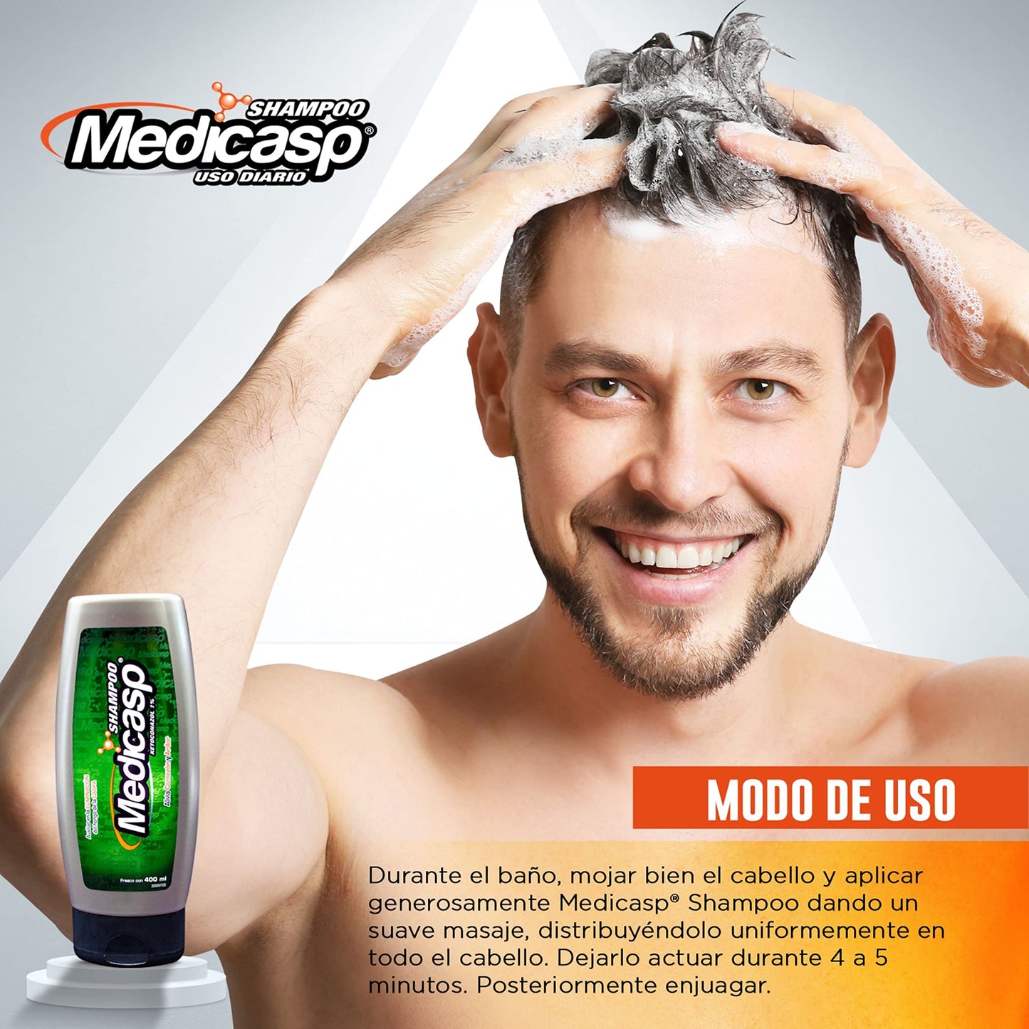 MEDICASP - Shampoo de uso diario, grado dermatológico. Su antimicótico elimina el hongo de la caspa y todos sus síntomas, botella de 400ml