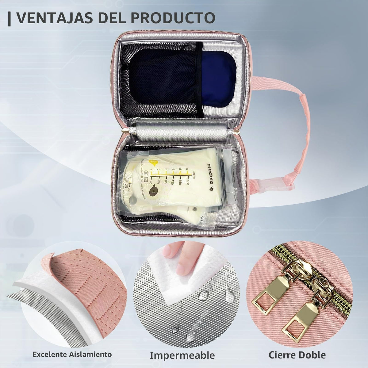 Bolsa de almacenamiento de leche materna impermeable con 2 paquetes de hielo grandes - Bolsa de refrigeración aislada para viaje con hebilla y asa colgante para guardería y viajes de bebé (Rosa)