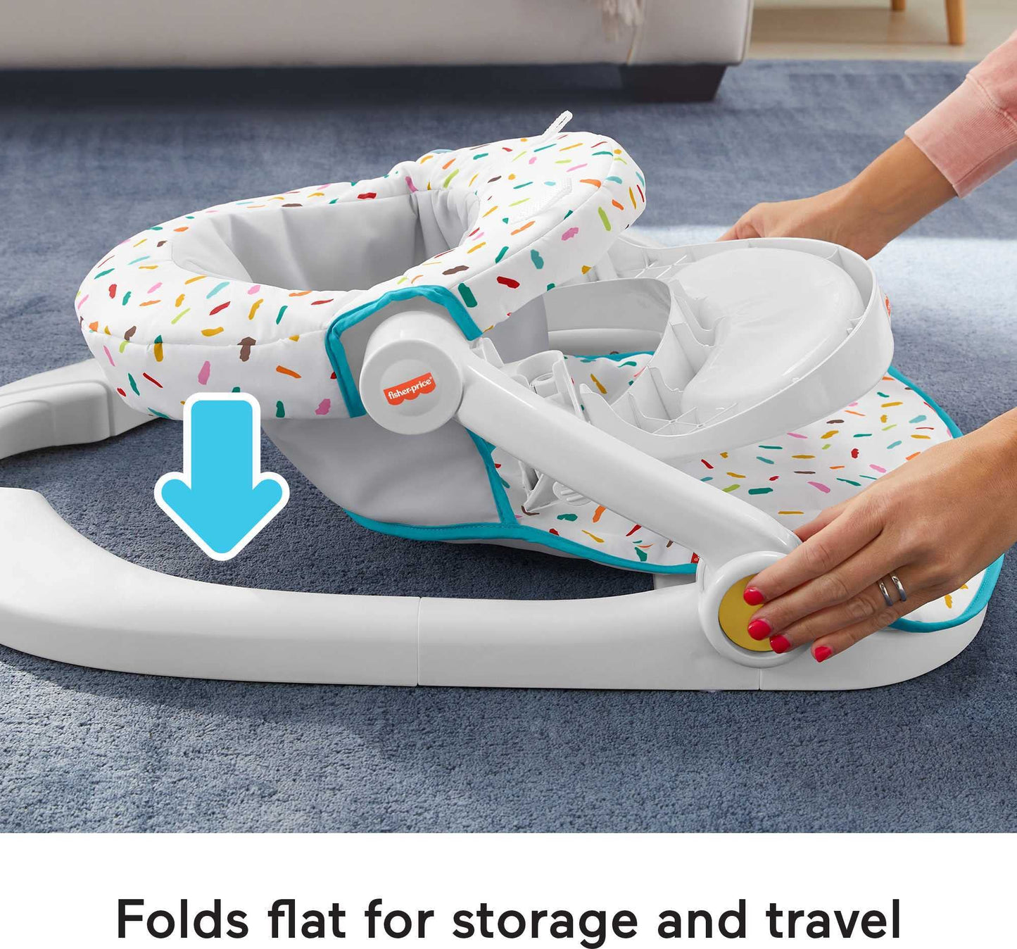 Fisher-Price - Silla portátil para bebé de lujo, asiento de suelo sentado con bandeja para aperitivos, juguetes de actividad para recién nacidos y almohadilla lavable con chorros de arco iris