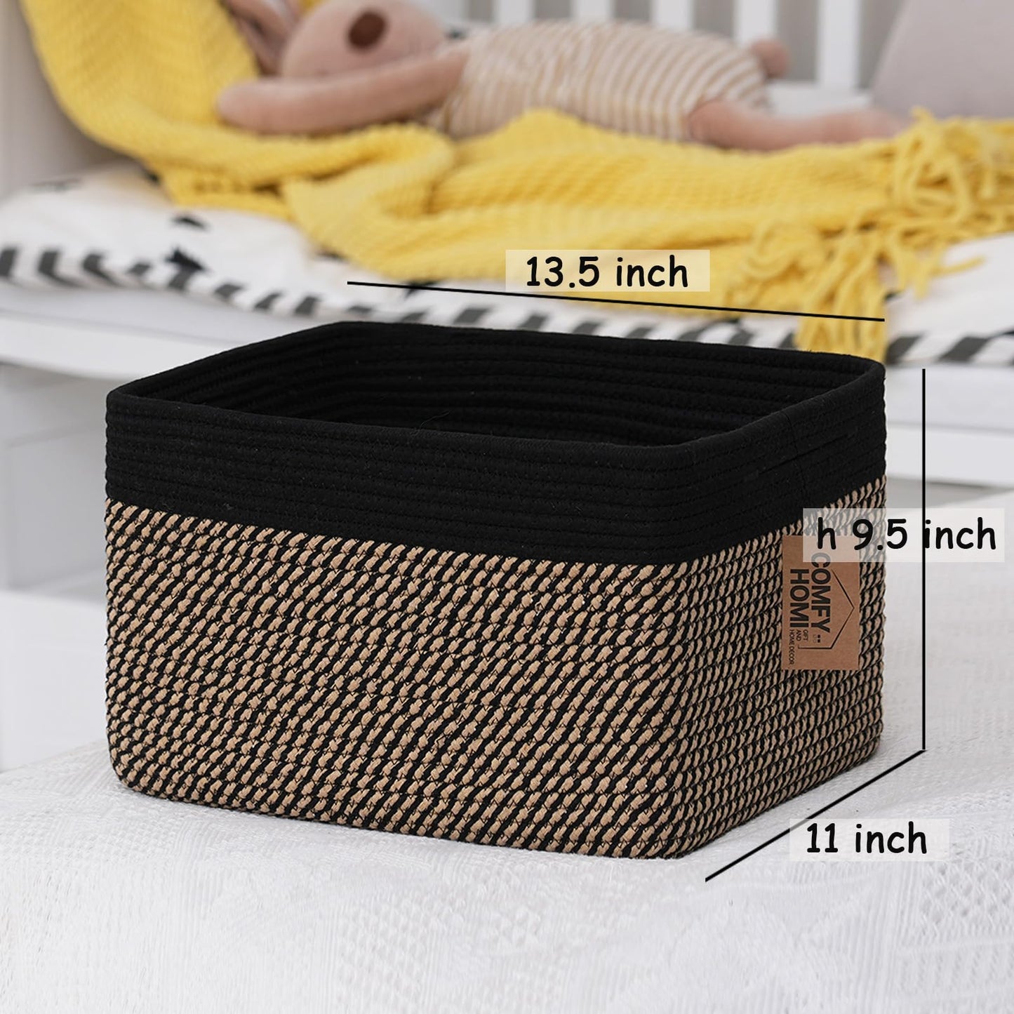 COMFY-HOMI Cesta tejida de cuerda de algodón con asas para estantes, juguetes, libros, cestas de almacenamiento de tela para organizar, organizador decorativo de juguetes de 13.5 x 11 x 9.5 pulgadas,