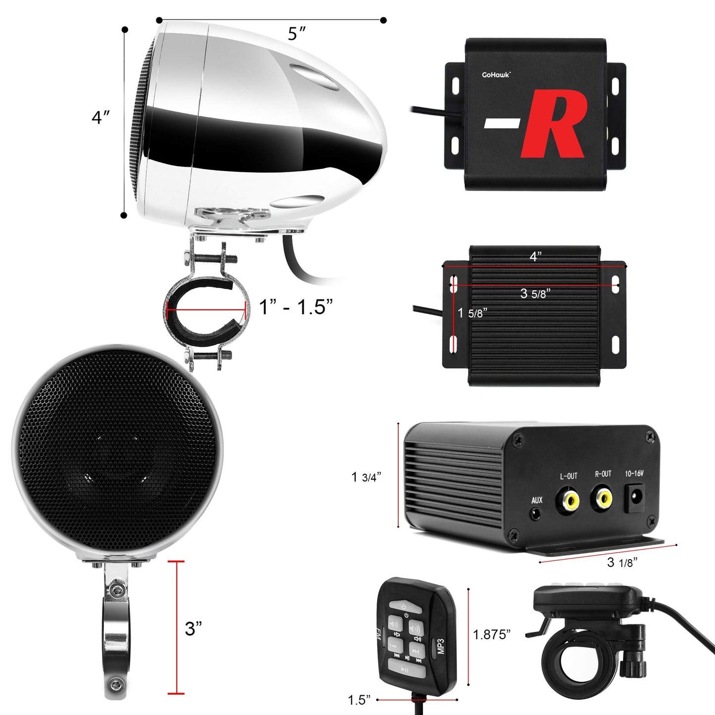 GoHawk TN4-R - Amplificador de 10 cm, rango completo, impermeable, Bluetooth, bocinas estéreo para motocicleta, de 1 a 1.5 pulgadas (2.5 a 4 cm) Sistema de amplificador de audio para montaje en manubrio de Harley Touring Cruiser, ATV RZR, auxiliar, radio