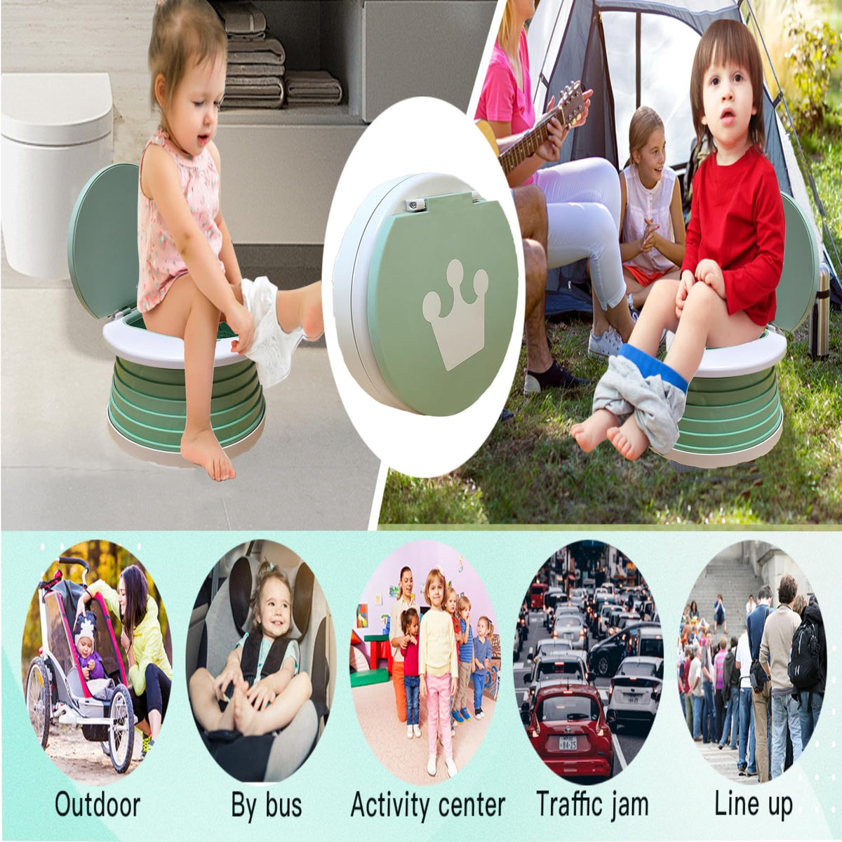 Orinal de viaje para niños pequeños, inodoro portátil y plegable, aplica para asiento de inodoro de emergencia para automóvil, camping, exterior, interior (verde, pequeño)