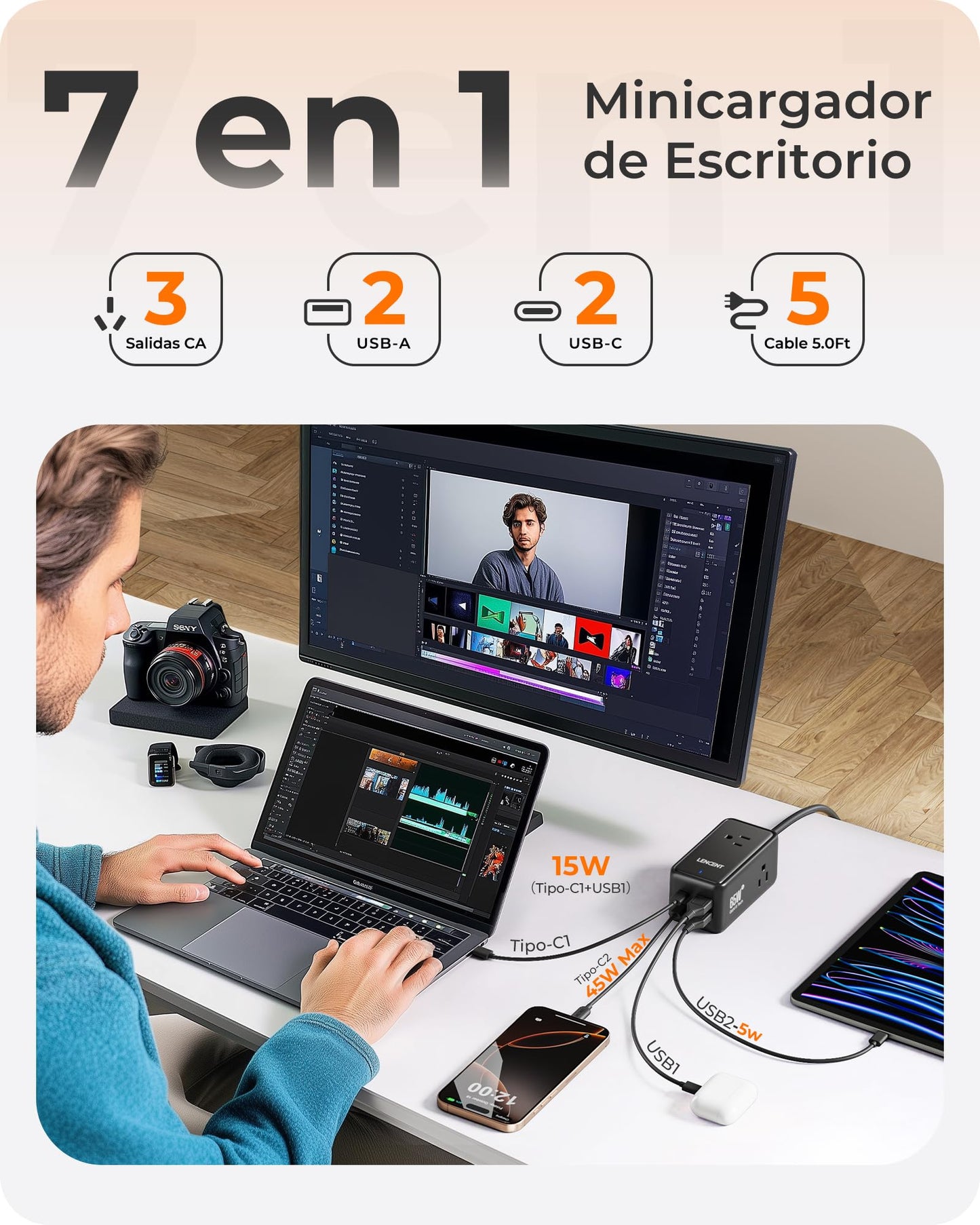 LENCENT Cargador USB C y PD 65W, Cargador Rápido GAN III Tech con 3 Tomas CA + 4 Puertos USB, Estación de Carga USB C de Cable para iPhone, iPad, Macbook, Galaxy, Huawei, Switch y más, Negro